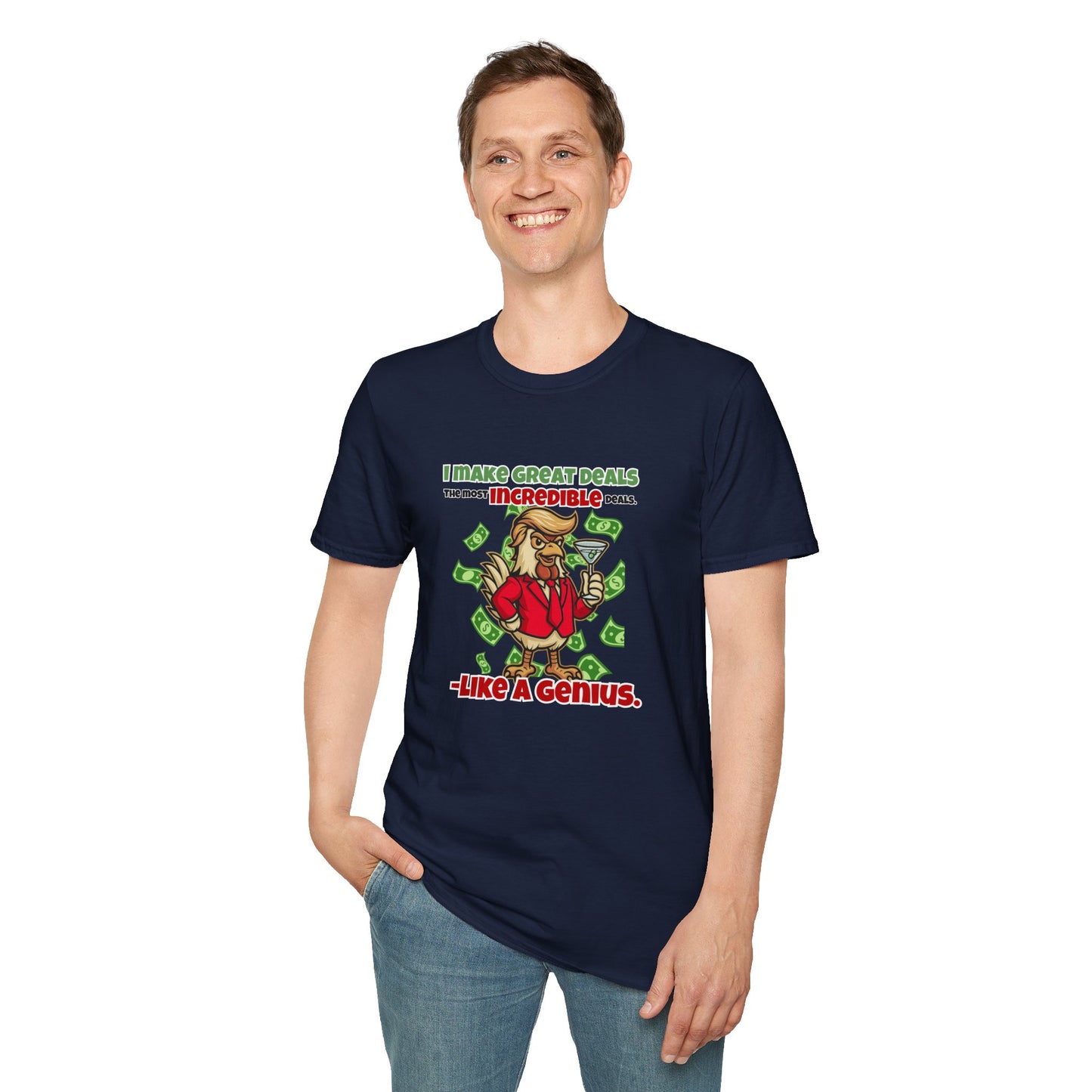 Cock-a-Doodle-Don “Like a Genius” Money Deal Rooster Tee – Funny Political Satire Shirt | ChickenPop Apparel Co.