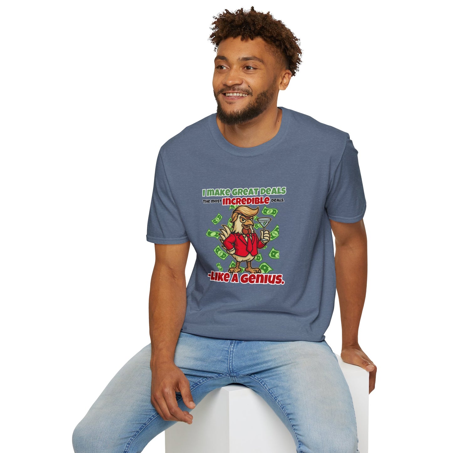 Cock-a-Doodle-Don “Like a Genius” Money Deal Rooster Tee – Funny Political Satire Shirt | ChickenPop Apparel Co.