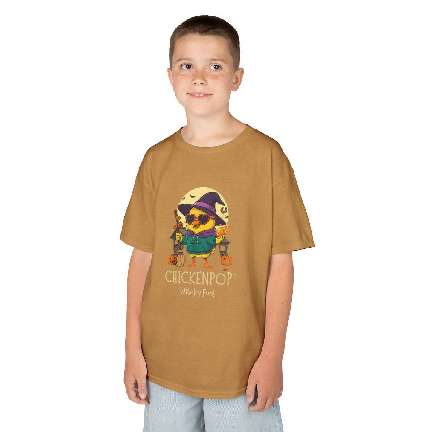 Sunny the Witchy Chick Kid’s Halloween Tee | ChickenPop Lil’ Cluckers Wicktastic Fun Shirt