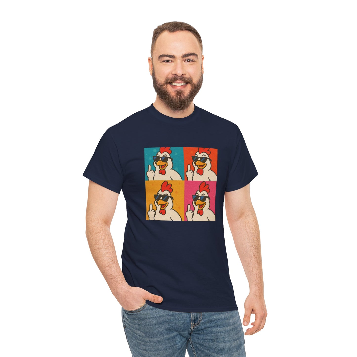Warhol Pop Art Chicken T-Shirt – Funny Coop Daddy Middle Finger Tee for Bold Style