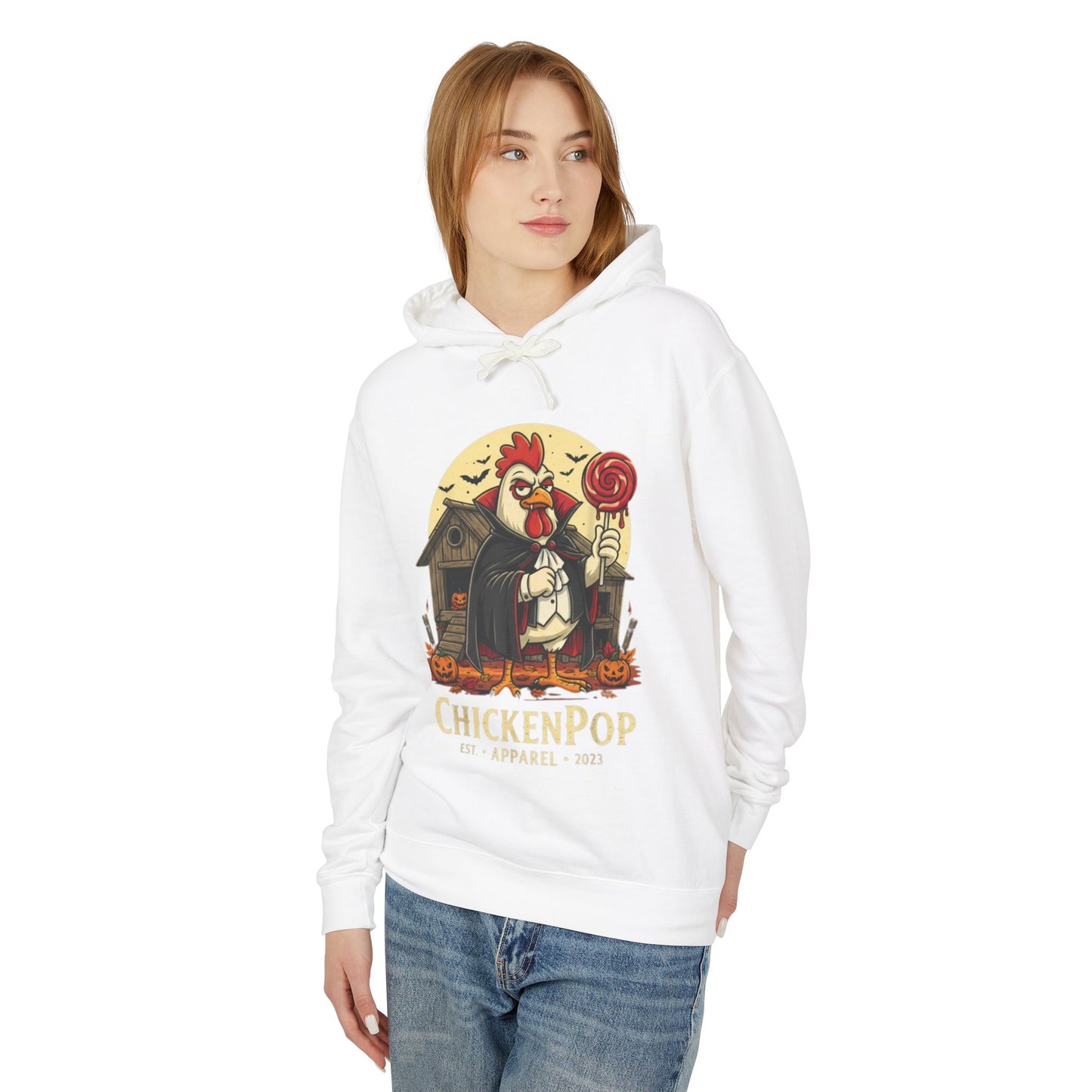 ChickenPop Vampire Rooster Halloween Hoodie Unisex w/o pouch. Perfect For Fall