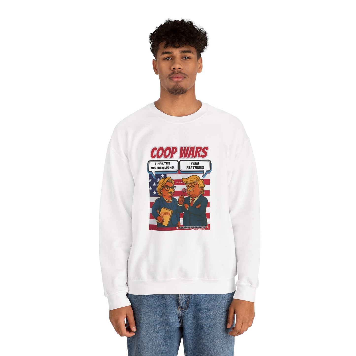 Coop Wars Crewneck Sweatshirt – Funny Political Graphic Pullover | Unisex Heavy Blend with ChickenPop Logo | Ethically Made & Cozy Cold-Weather Humor