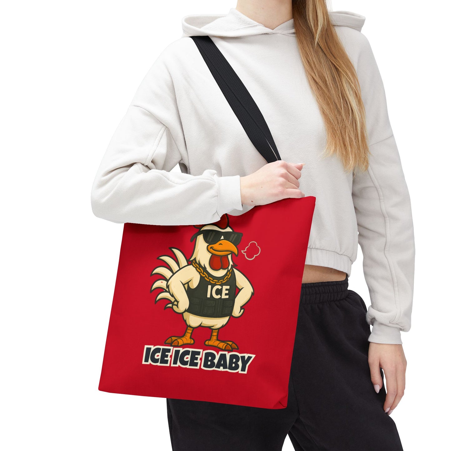 Ice Ice Baby Chicken Tote Bag – Funny Coop Daddy Design, Bold Red Reusable Shopping Bag
