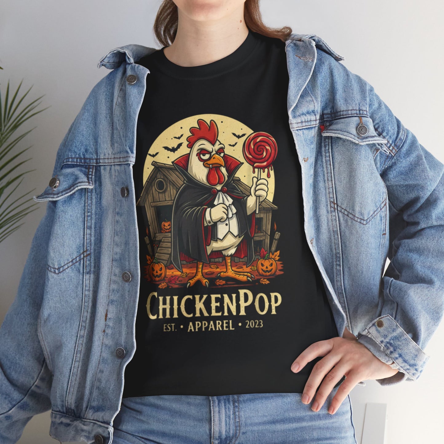 ChickenPop Sucker For a Pop Vampire Rooster Halloween T-Shirt – Funny Spooky Graphic Tee for Fall & Costume Season