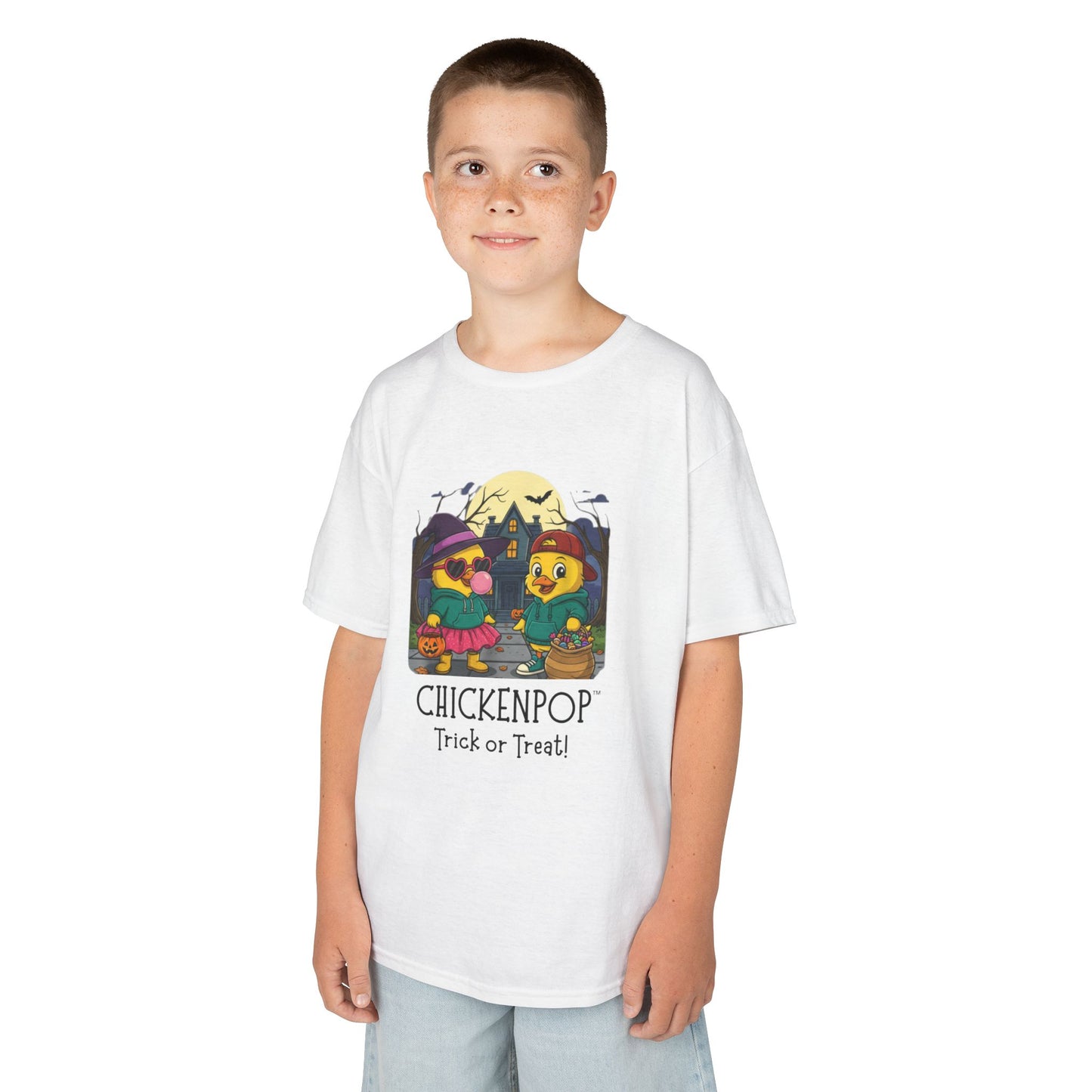 Trick or Treat Kids Halloween Tee | ChickenPop Lil’ Cluckers Sunny & Scramble Halloween Shirt