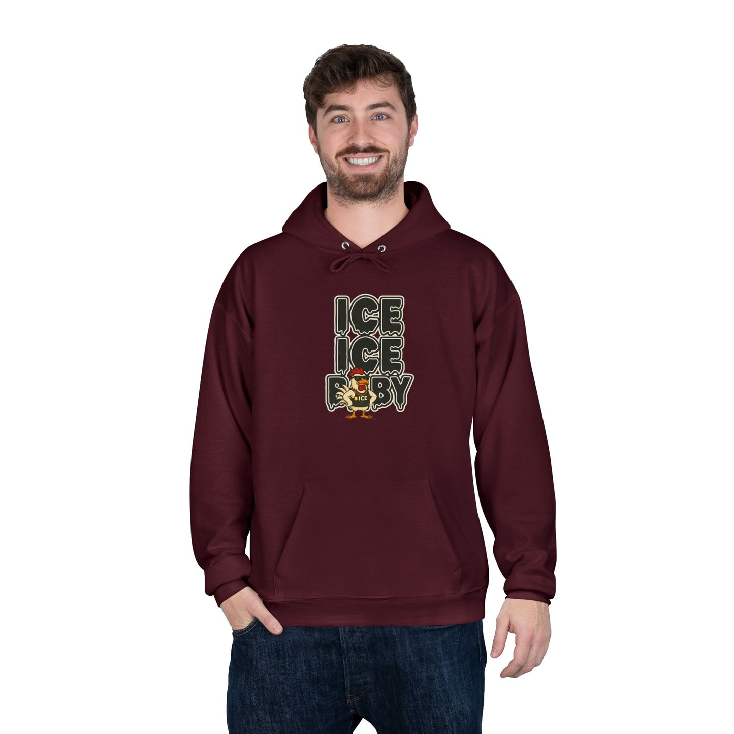 ICE ICE BABY Funny Chicken Hoodie – Retro Hip-Hop Pullover for Music Fans, Students & Cold-Weather Comedians