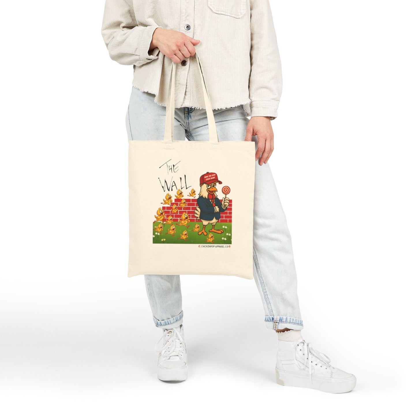 Another Chick Thru The Wall Canvas Tote Bag – Funny Political Chicken Graphic | Heavy-Duty Cotton in Natural or Black | Reusable Eco Satire Shopper