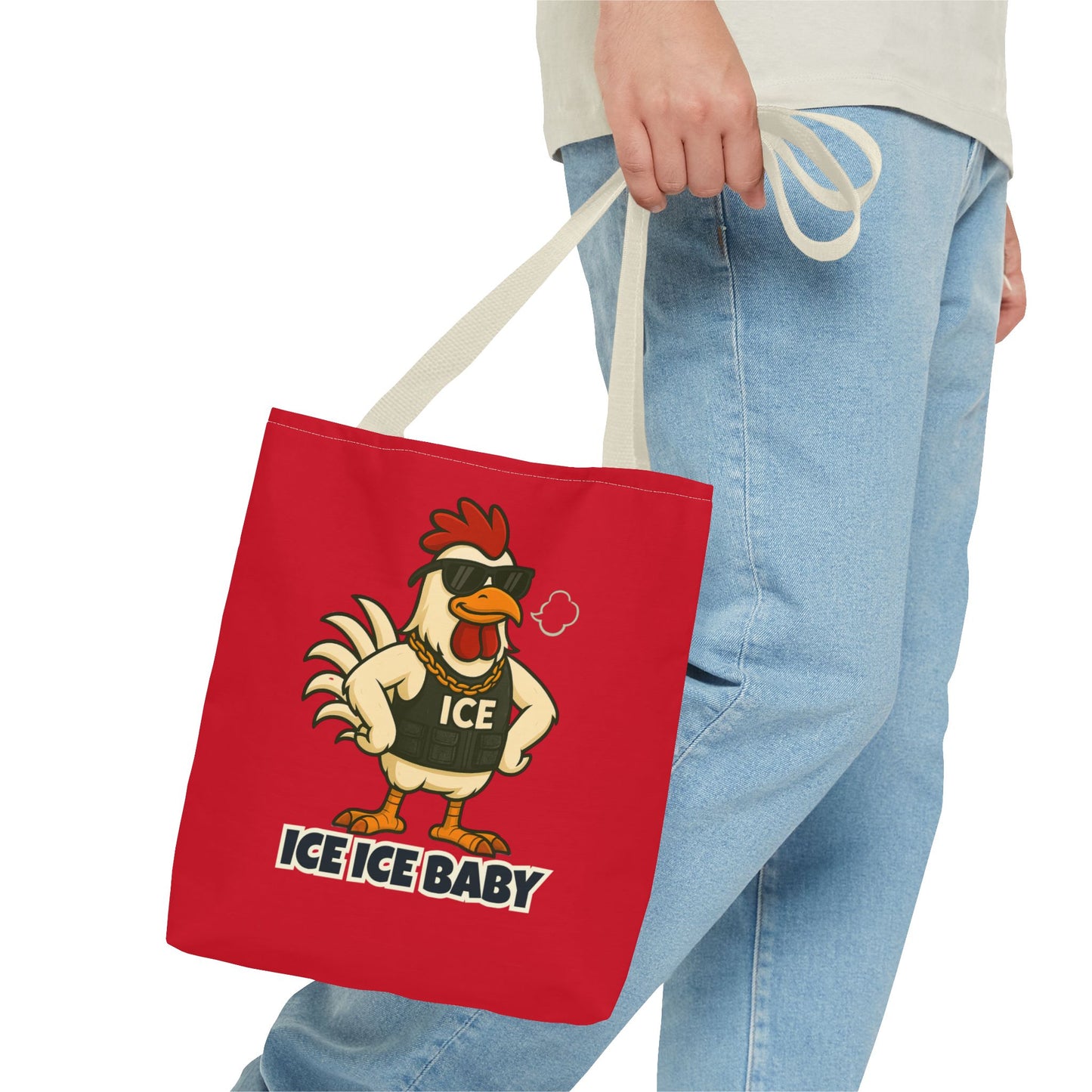 Ice Ice Baby Chicken Tote Bag – Funny Coop Daddy Design, Bold Red Reusable Shopping Bag