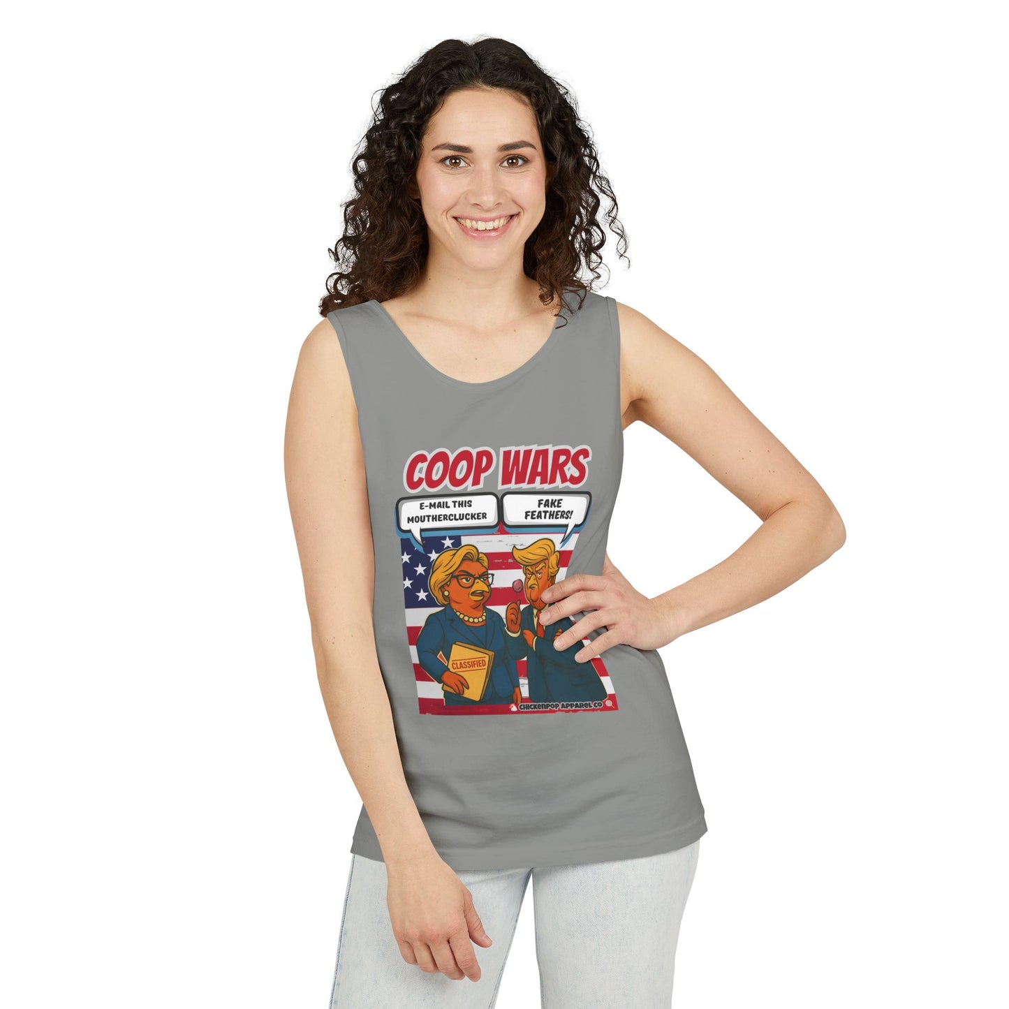 Coop Wars™ Unisex Tank Top – Hilaregg Cluckton vs. Cock-a-Doodle-Don | Political Satire Sleeveless Tee
