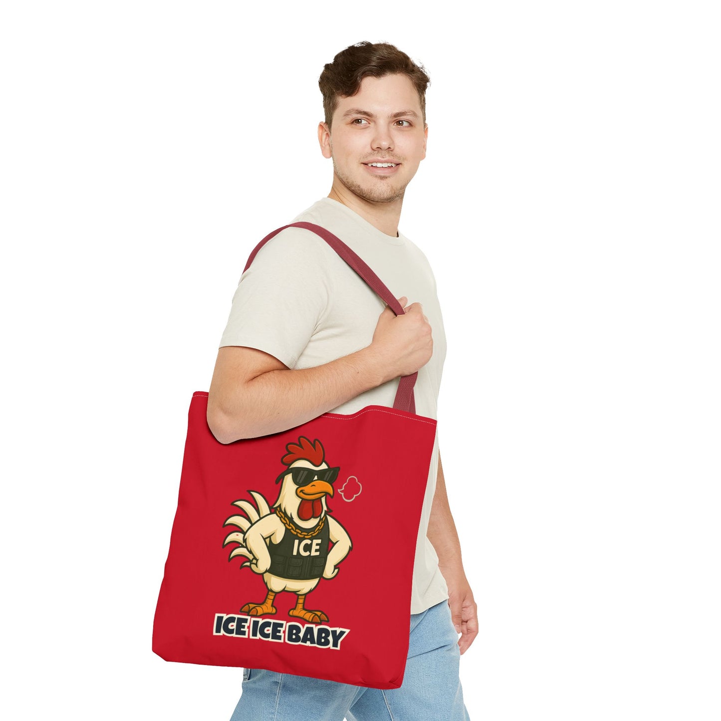 Ice Ice Baby Chicken Tote Bag – Funny Coop Daddy Design, Bold Red Reusable Shopping Bag
