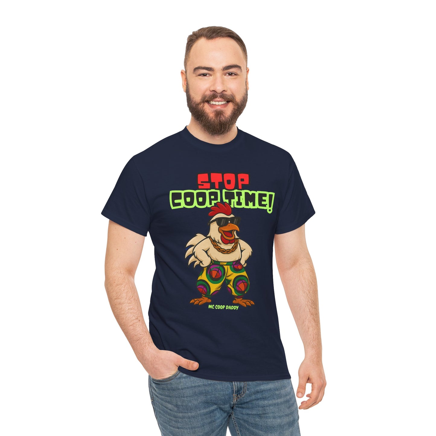 Stop COOP TIME! Funny Chicken T-Shirt – MC Coop Daddy 90s Hip Hop Parody Tee | Unisex Heavy Cotton | ChickenPop Apparel