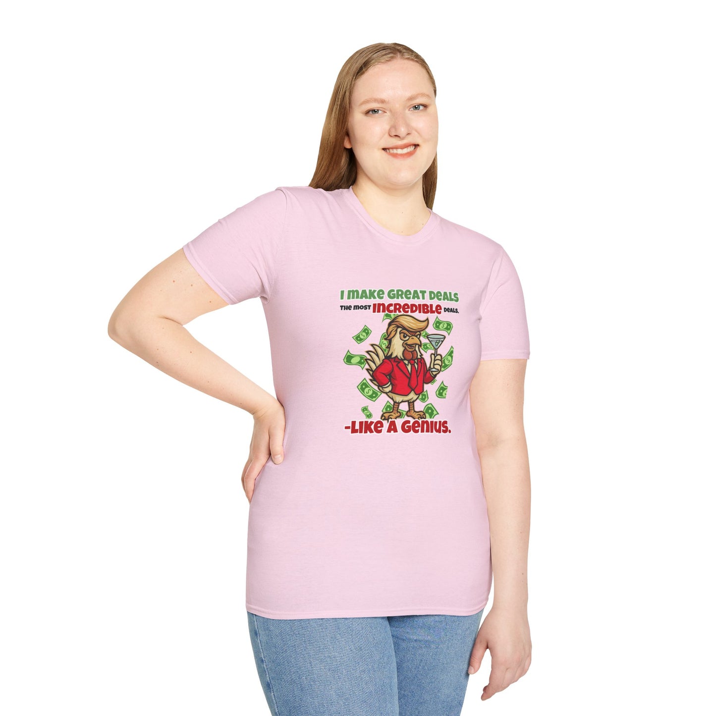 Cock-a-Doodle-Don “Like a Genius” Money Deal Rooster Tee – Funny Political Satire Shirt | ChickenPop Apparel Co.