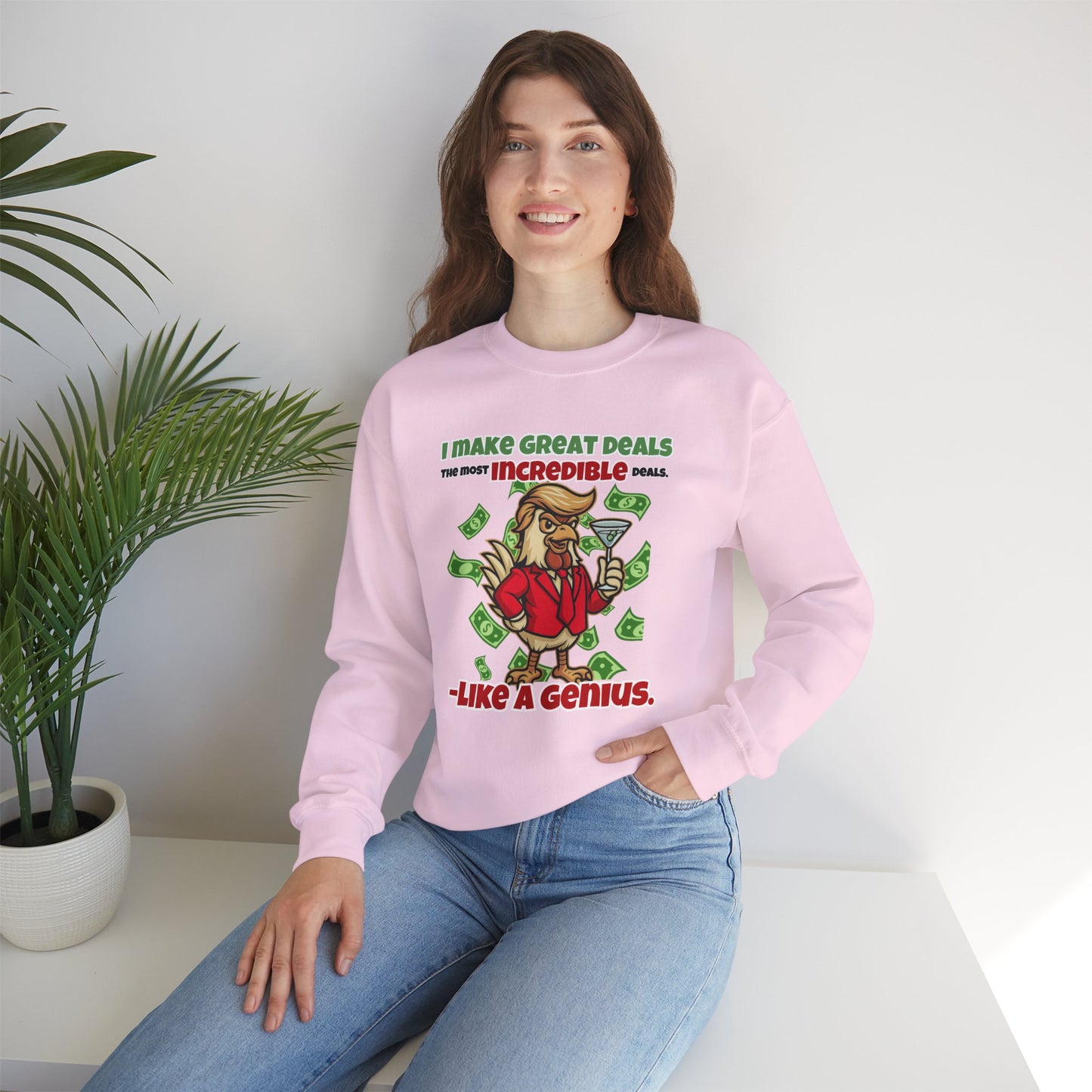 Like A Genius Crewneck Sweatshirt – Funny Political Graphic Pullover | Unisex Heavy Blend with ChickenPop Logo | Ethically Made & Cozy Cold-Weather Humor