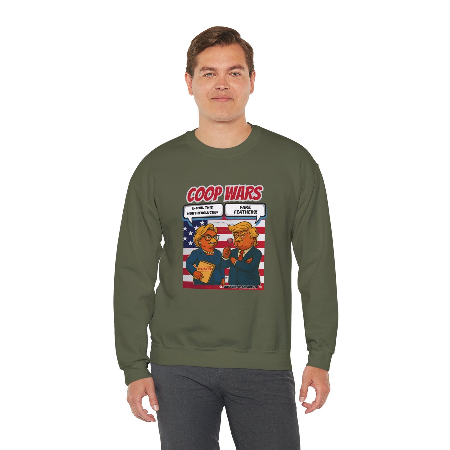 Coop Wars Crewneck Sweatshirt – Funny Political Graphic Pullover | Unisex Heavy Blend with ChickenPop Logo | Ethically Made & Cozy Cold-Weather Humor