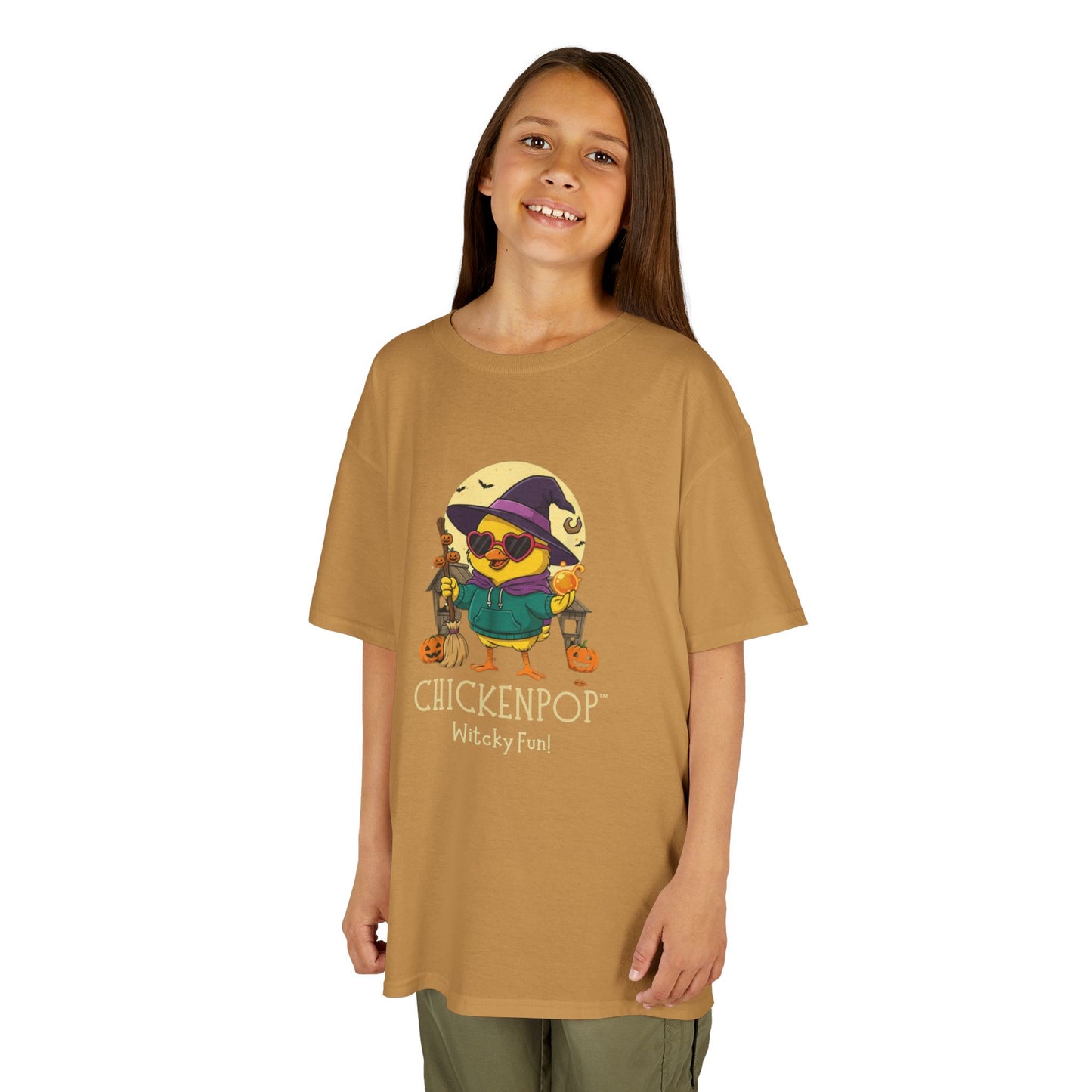 Sunny the Witchy Chick Kid’s Halloween Tee | ChickenPop Lil’ Cluckers Wicktastic Fun Shirt
