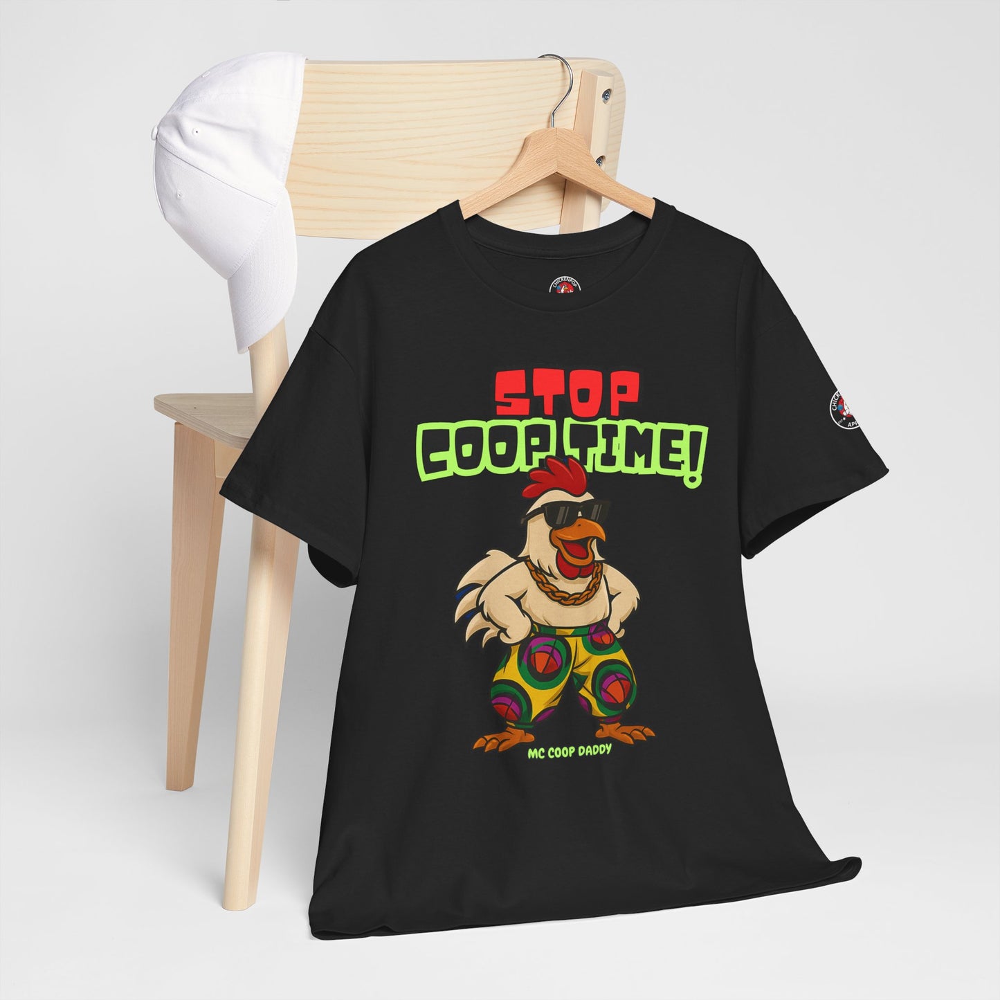 Stop COOP TIME! Funny Chicken T-Shirt – MC Coop Daddy 90s Hip Hop Parody Tee | Unisex Heavy Cotton | ChickenPop Apparel