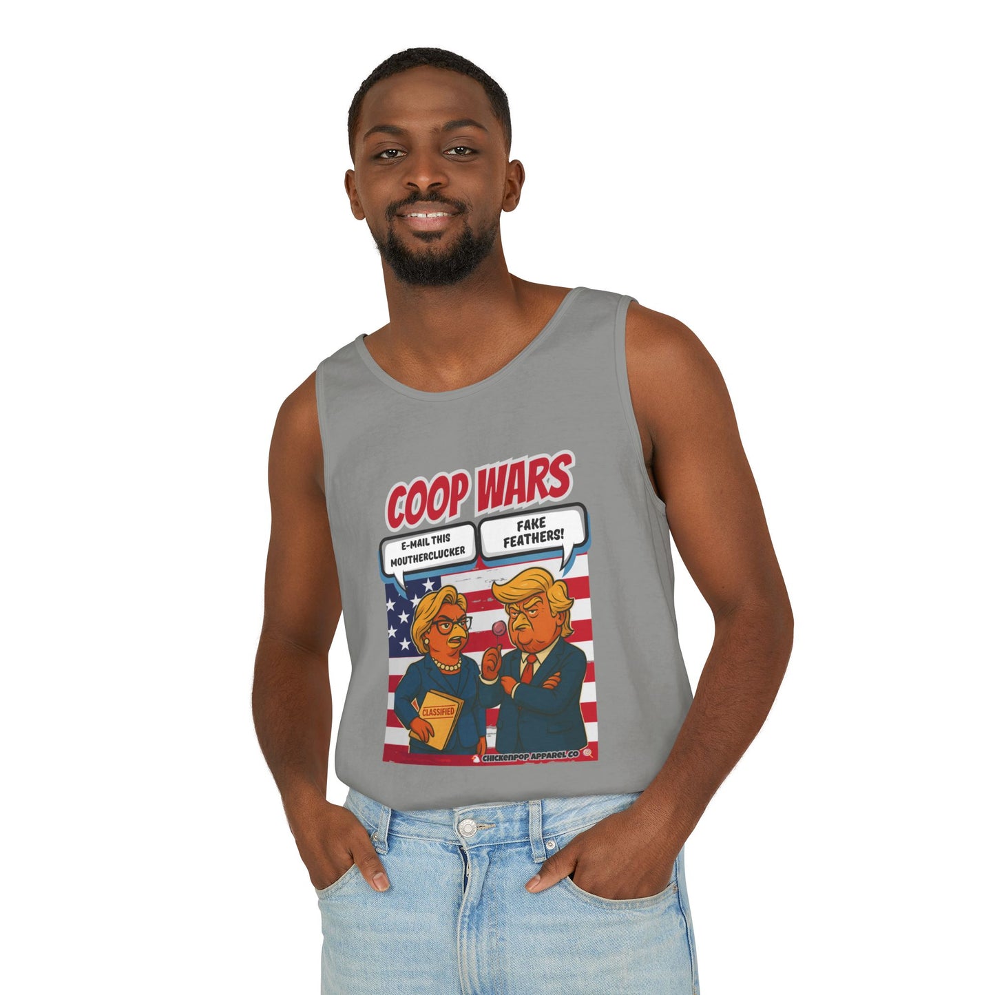 Coop Wars™ Unisex Tank Top – Hilaregg Cluckton vs. Cock-a-Doodle-Don | Political Satire Sleeveless Tee