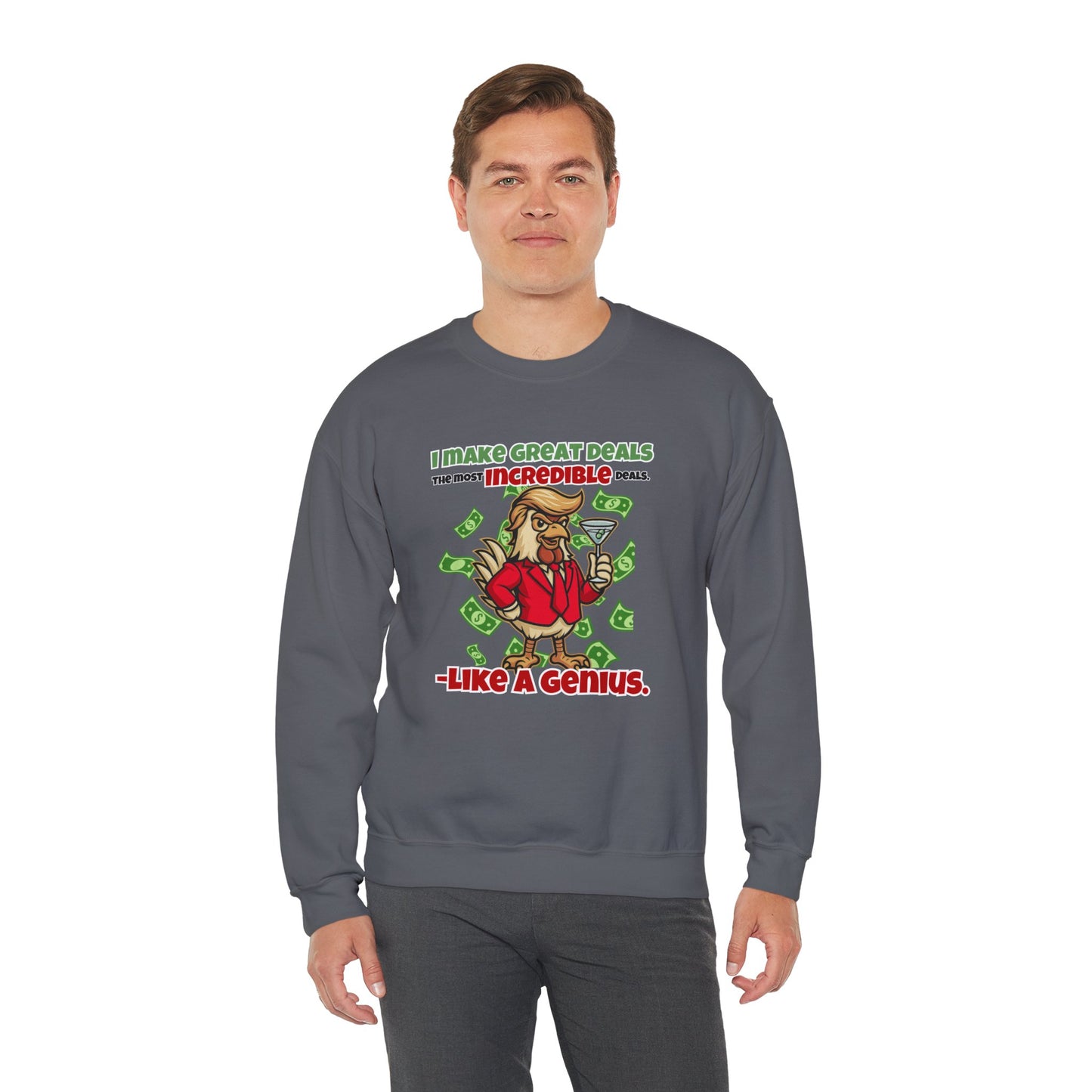 Like A Genius Crewneck Sweatshirt – Funny Political Graphic Pullover | Unisex Heavy Blend with ChickenPop Logo | Ethically Made & Cozy Cold-Weather Humor