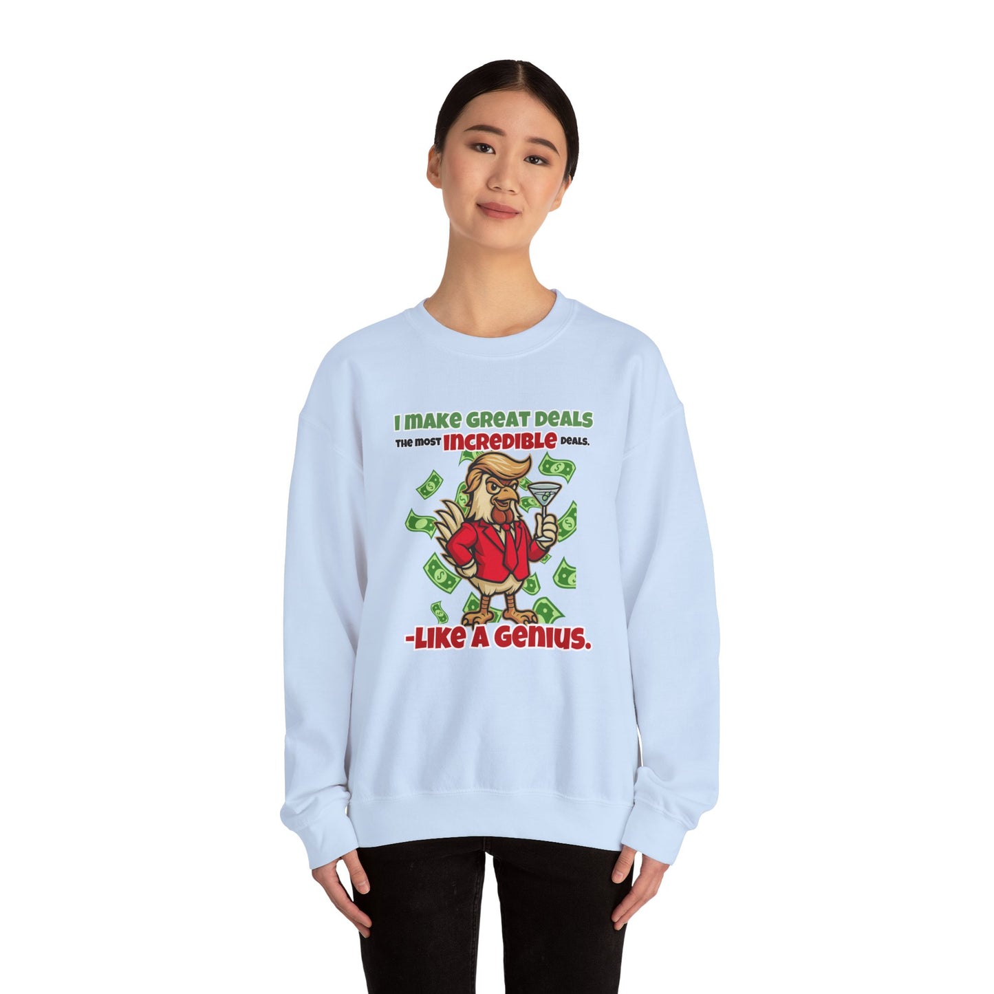 Like A Genius Crewneck Sweatshirt – Funny Political Graphic Pullover | Unisex Heavy Blend with ChickenPop Logo | Ethically Made & Cozy Cold-Weather Humor