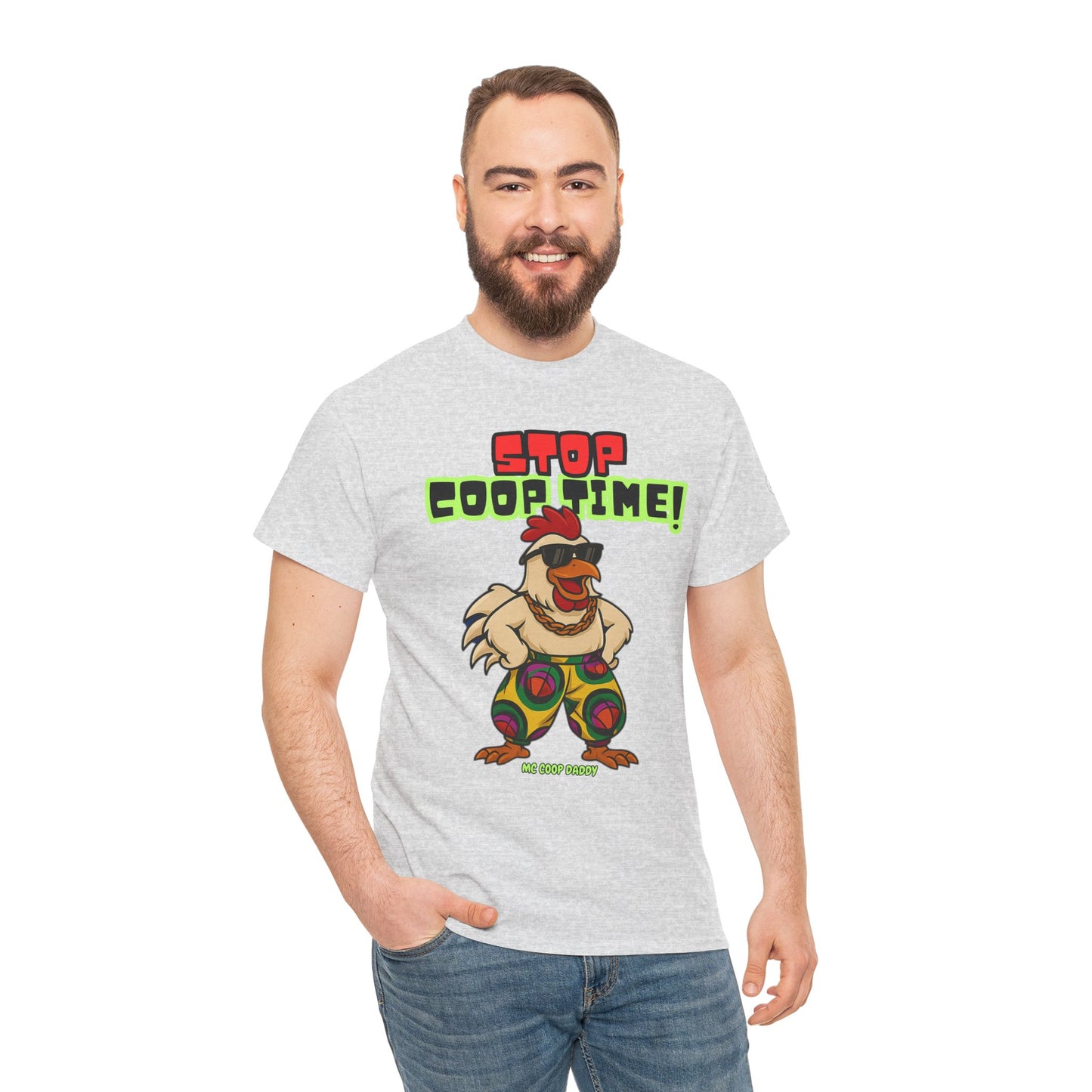 Stop COOP TIME! Funny Chicken T-Shirt – MC Coop Daddy 90s Hip Hop Parody Tee | Unisex Heavy Cotton | ChickenPop Apparel