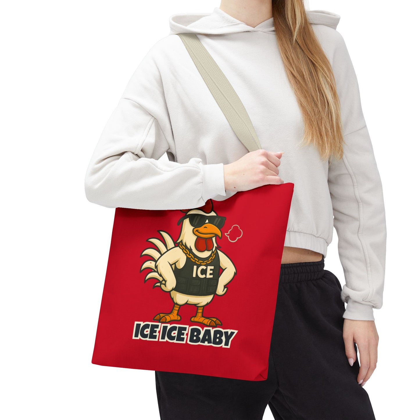 Ice Ice Baby Chicken Tote Bag – Funny Coop Daddy Design, Bold Red Reusable Shopping Bag