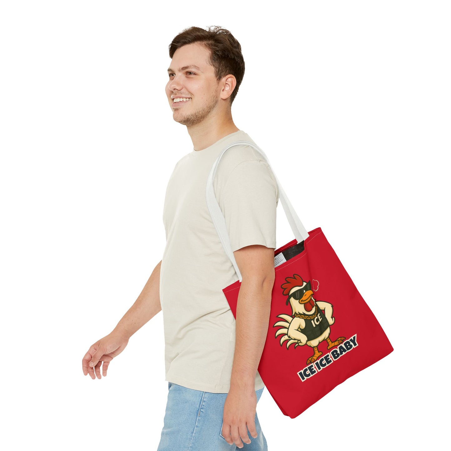 Ice Ice Baby Chicken Tote Bag – Funny Coop Daddy Design, Bold Red Reusable Shopping Bag