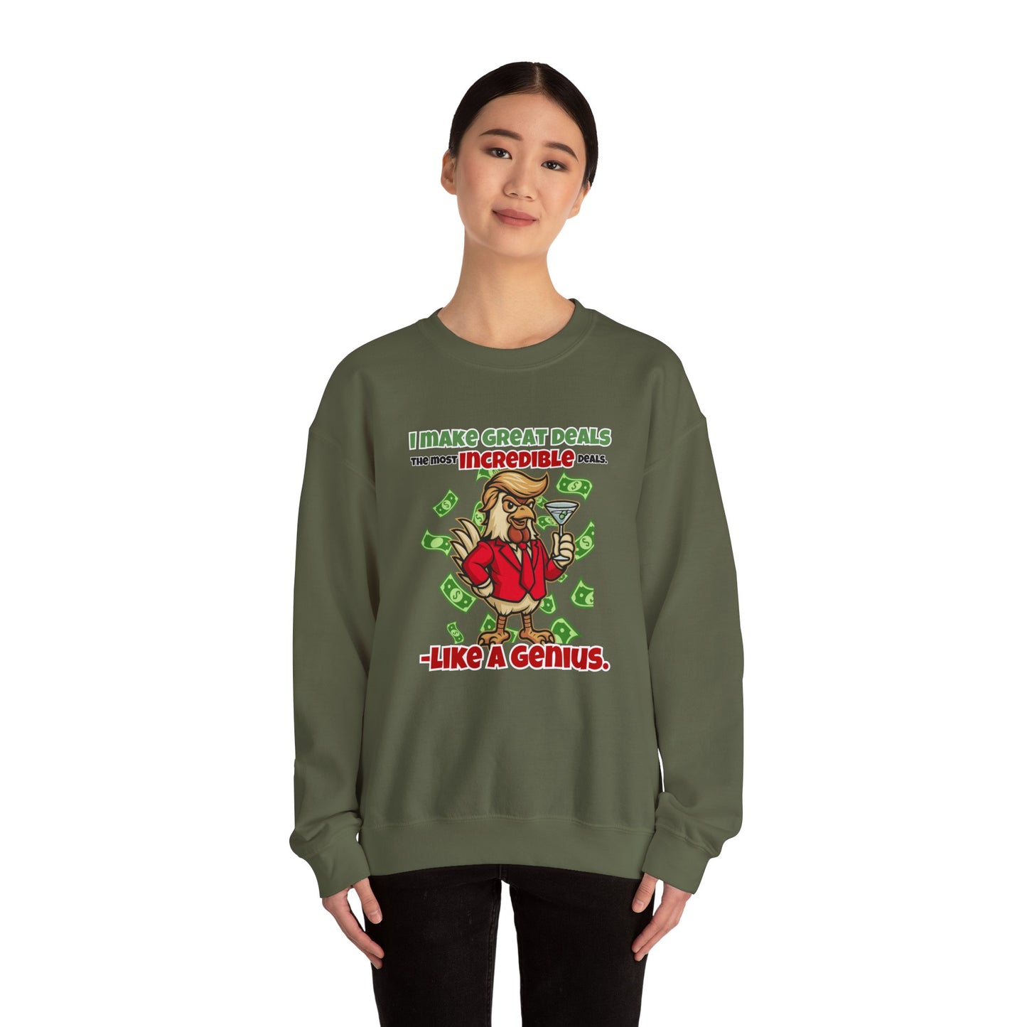 Like A Genius Crewneck Sweatshirt – Funny Political Graphic Pullover | Unisex Heavy Blend with ChickenPop Logo | Ethically Made & Cozy Cold-Weather Humor