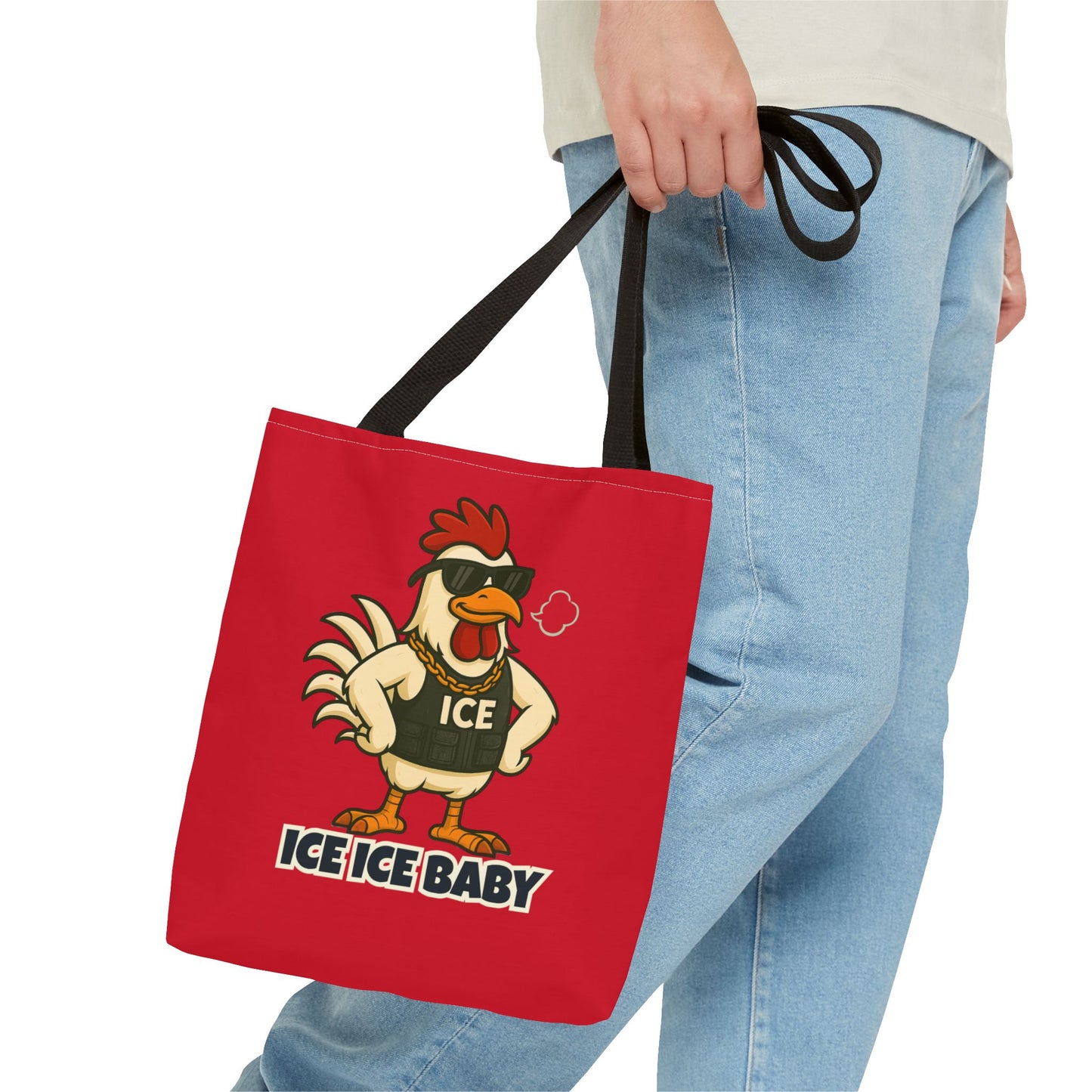 Ice Ice Baby Chicken Tote Bag – Funny Coop Daddy Design, Bold Red Reusable Shopping Bag