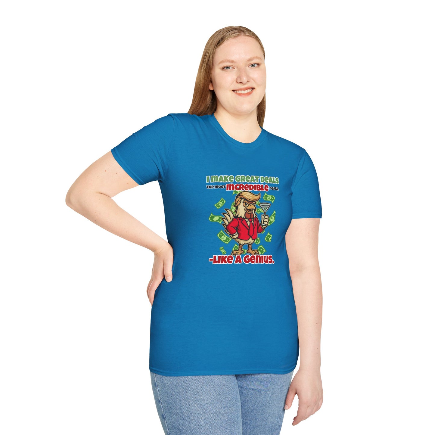 Cock-a-Doodle-Don “Like a Genius” Money Deal Rooster Tee – Funny Political Satire Shirt | ChickenPop Apparel Co.