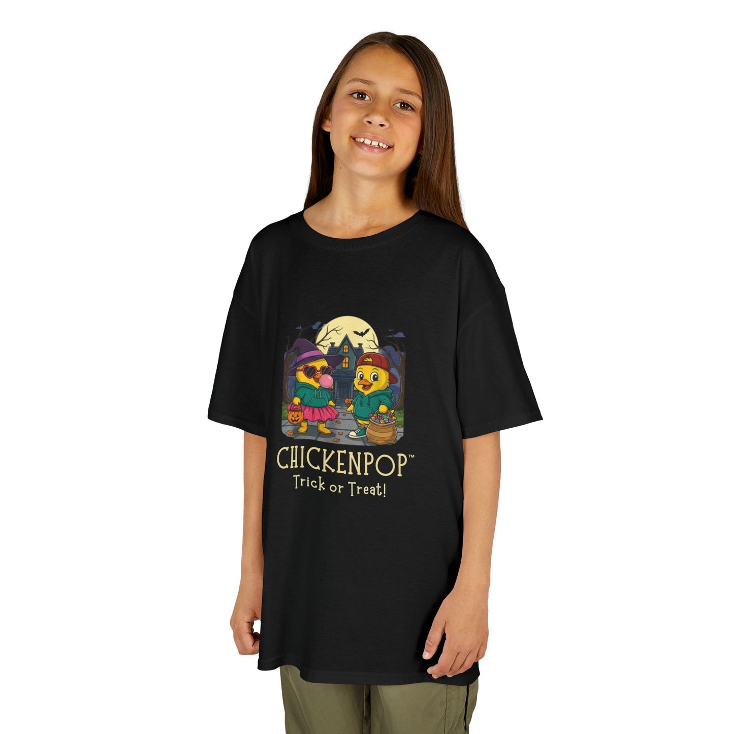Trick or Treat Kids Halloween Tee | ChickenPop Lil’ Cluckers Sunny & Scramble Halloween Shirt