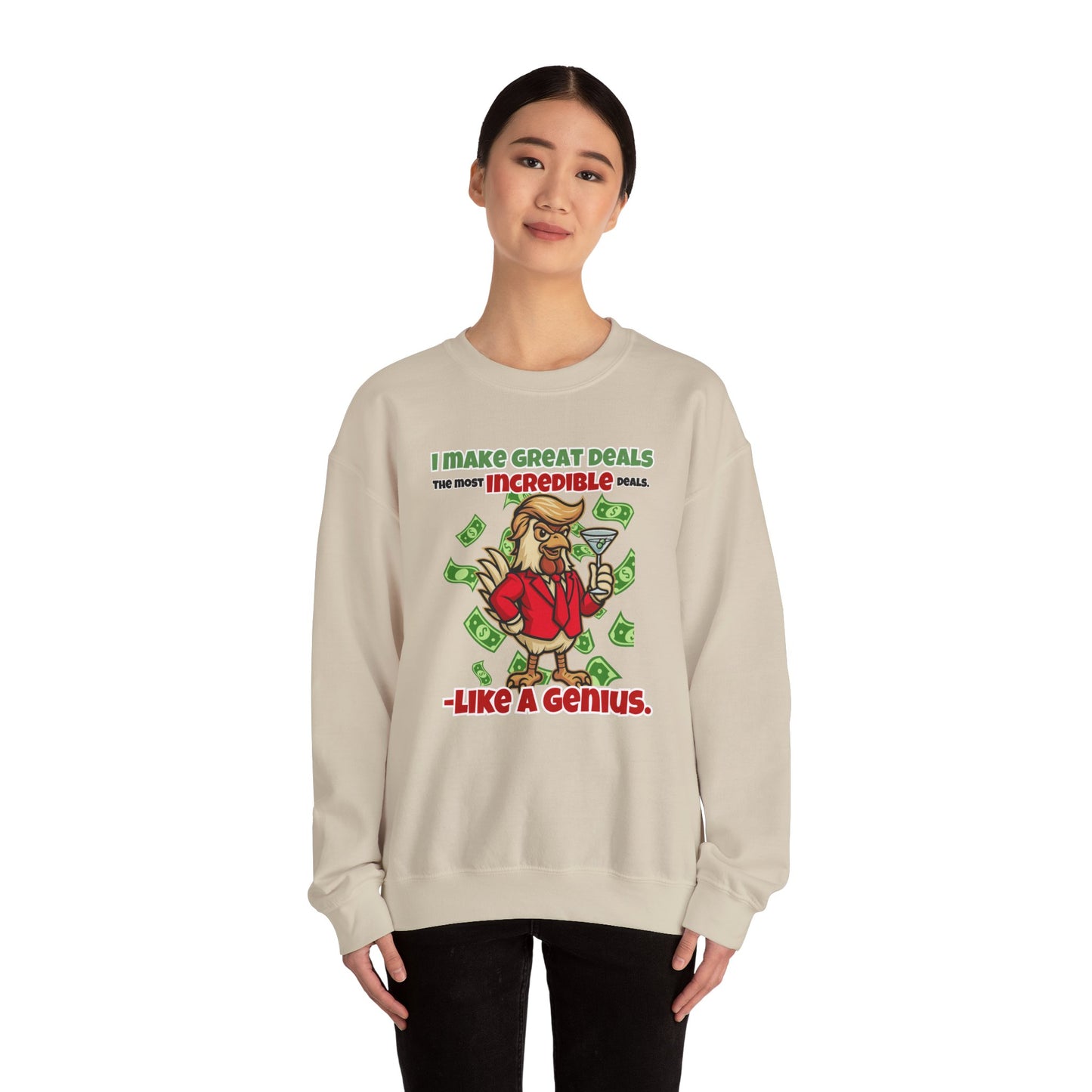 Like A Genius Crewneck Sweatshirt – Funny Political Graphic Pullover | Unisex Heavy Blend with ChickenPop Logo | Ethically Made & Cozy Cold-Weather Humor