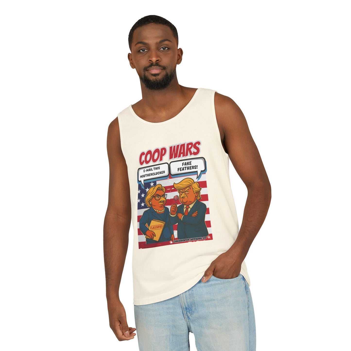 Coop Wars™ Unisex Tank Top – Hilaregg Cluckton vs. Cock-a-Doodle-Don | Political Satire Sleeveless Tee