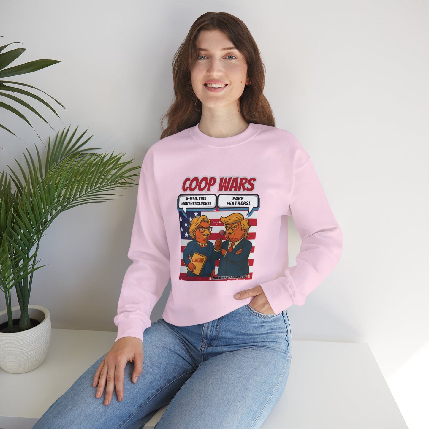 Coop Wars Crewneck Sweatshirt – Funny Political Graphic Pullover | Unisex Heavy Blend with ChickenPop Logo | Ethically Made & Cozy Cold-Weather Humor
