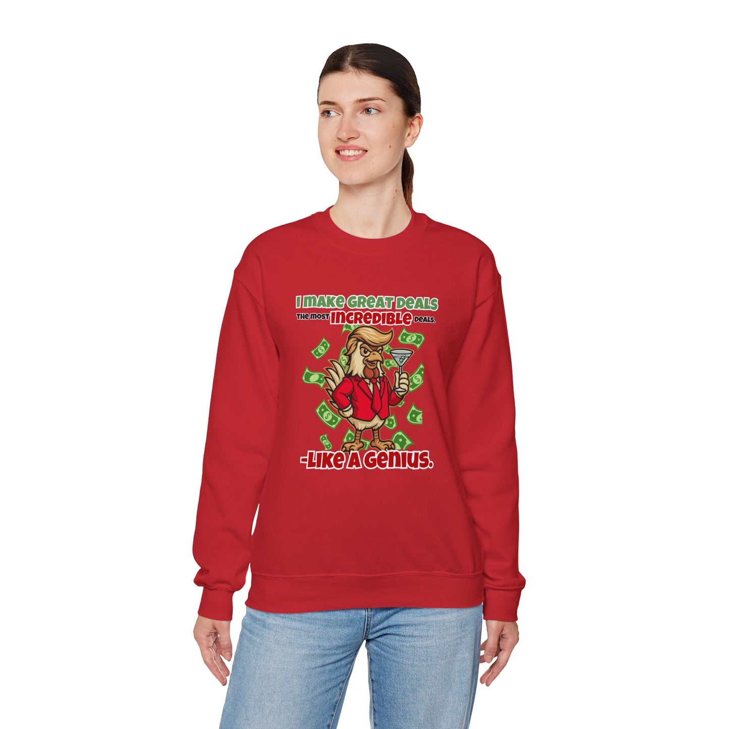 Like A Genius Crewneck Sweatshirt – Funny Political Graphic Pullover | Unisex Heavy Blend with ChickenPop Logo | Ethically Made & Cozy Cold-Weather Humor