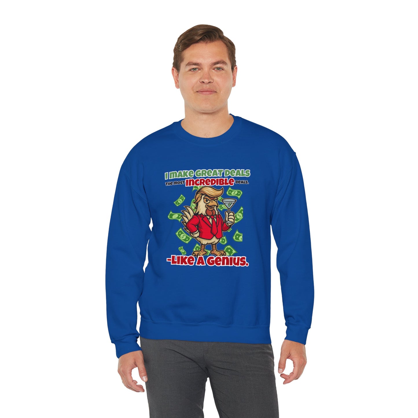 Like A Genius Crewneck Sweatshirt – Funny Political Graphic Pullover | Unisex Heavy Blend with ChickenPop Logo | Ethically Made & Cozy Cold-Weather Humor