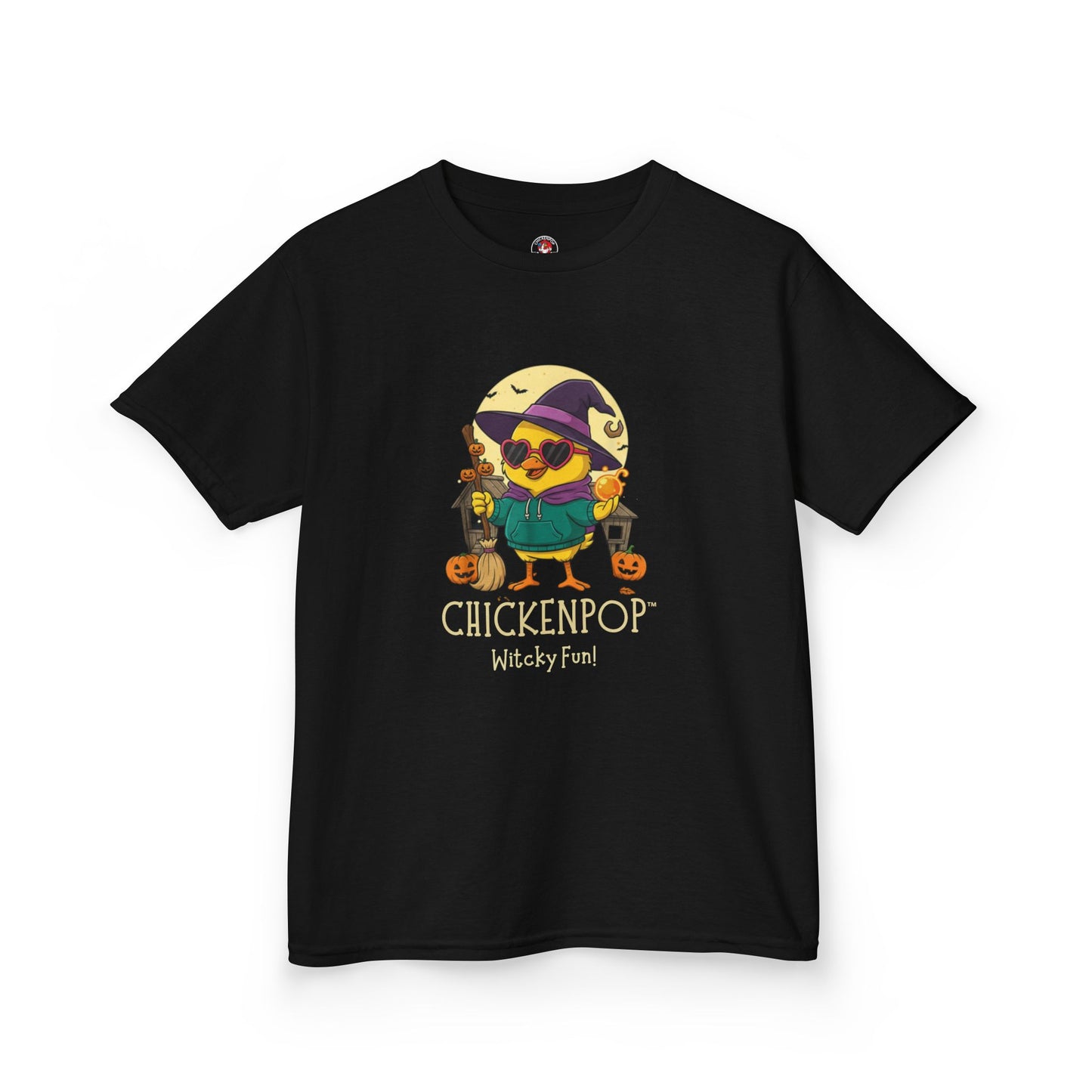 Sunny the Witchy Chick Kid’s Halloween Tee | ChickenPop Lil’ Cluckers Wicktastic Fun Shirt
