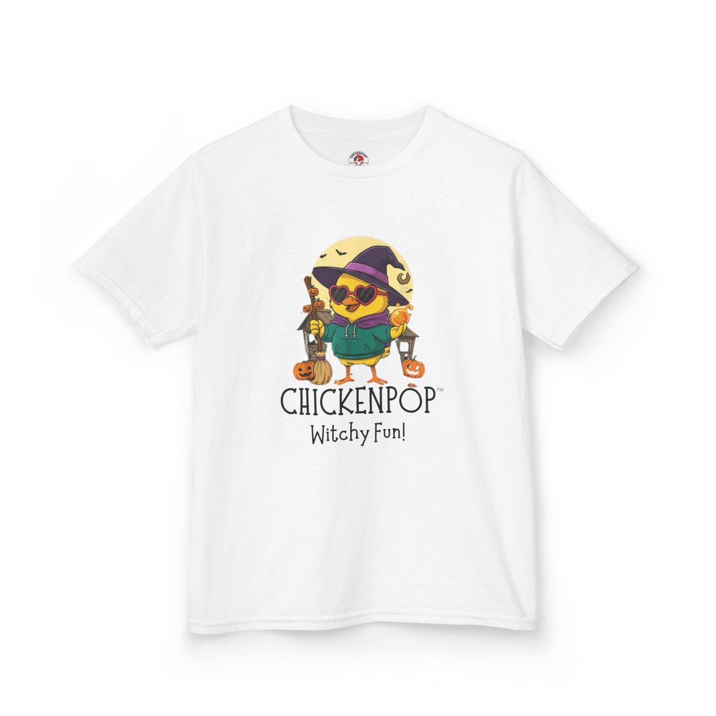 Sunny the Witchy Chick Kid’s Halloween Tee | ChickenPop Lil’ Cluckers Wicktastic Fun Shirt