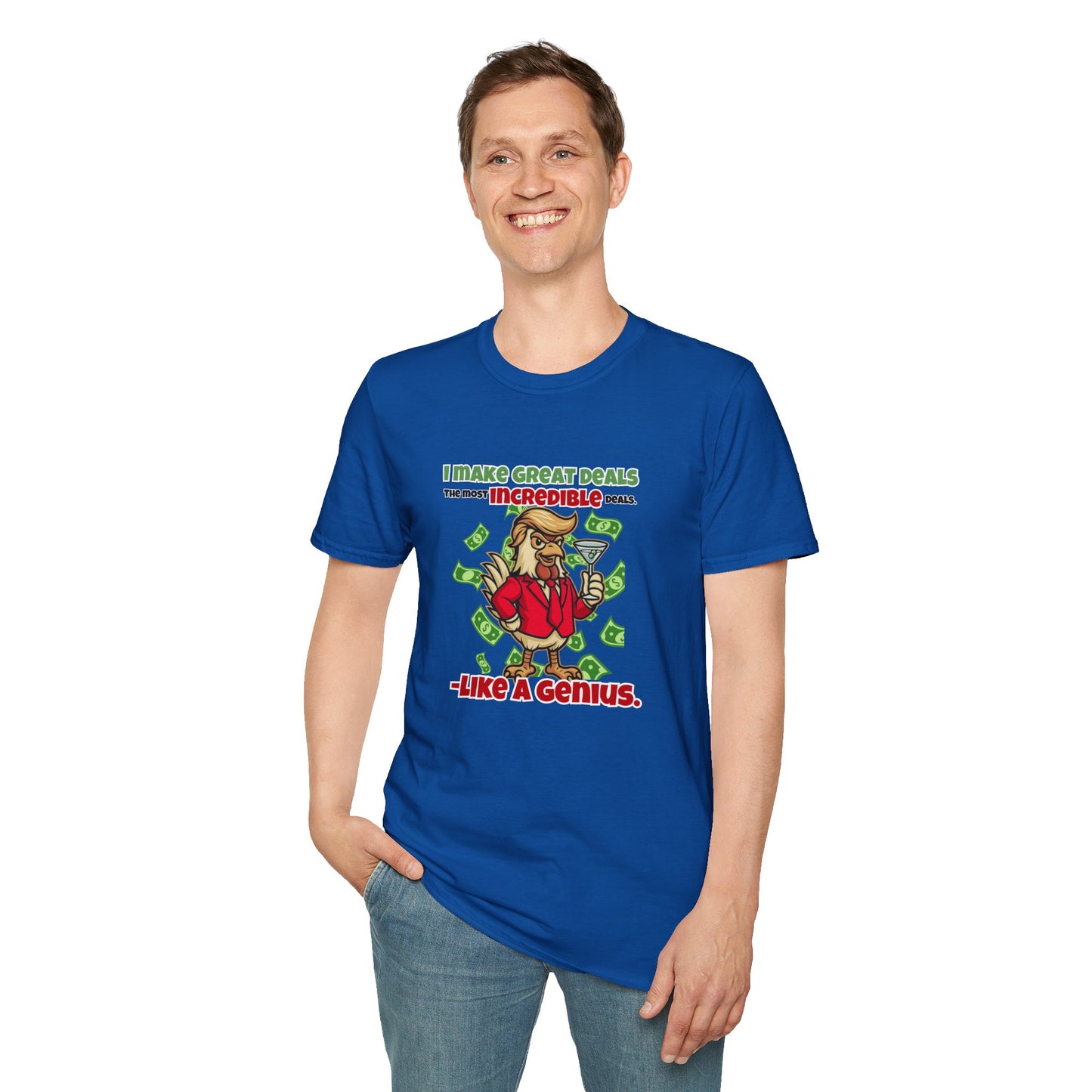 Cock-a-Doodle-Don “Like a Genius” Money Deal Rooster Tee – Funny Political Satire Shirt | ChickenPop Apparel Co.
