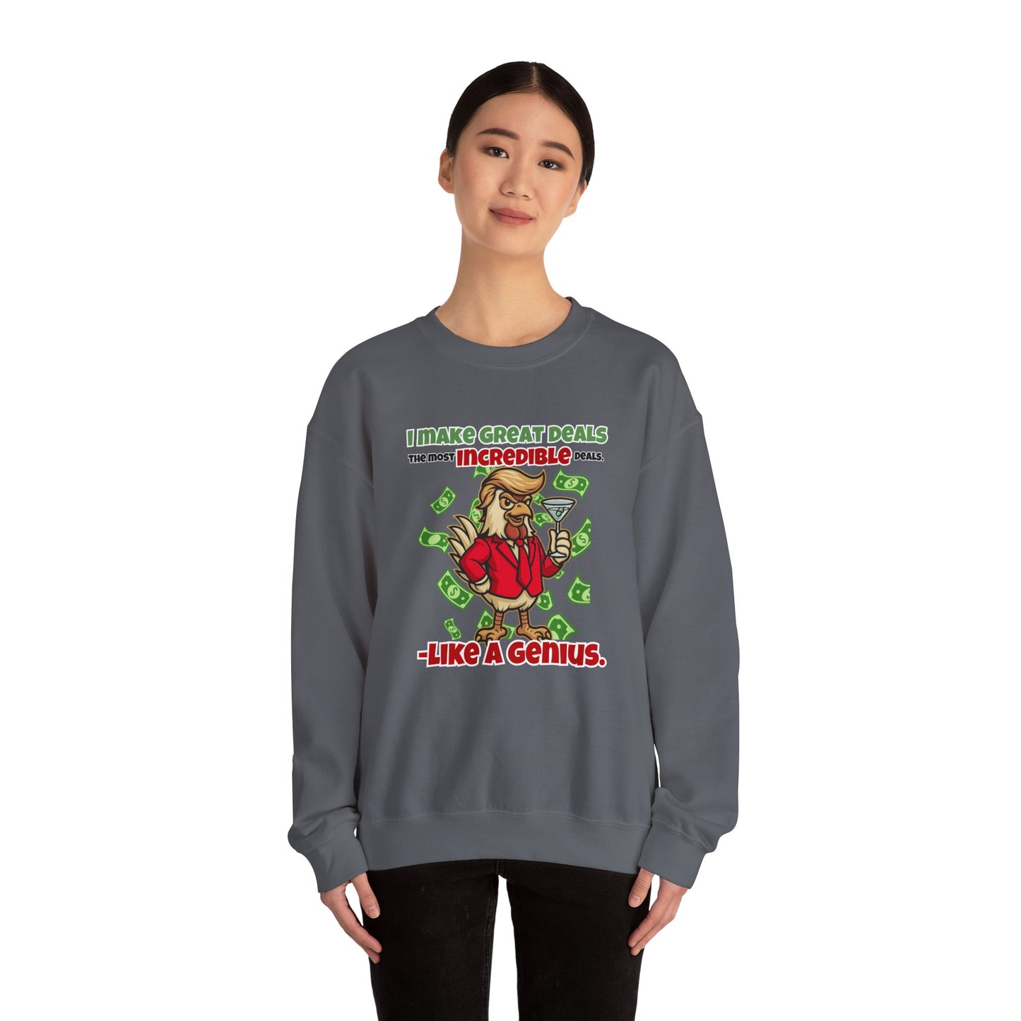 Like A Genius Crewneck Sweatshirt – Funny Political Graphic Pullover | Unisex Heavy Blend with ChickenPop Logo | Ethically Made & Cozy Cold-Weather Humor