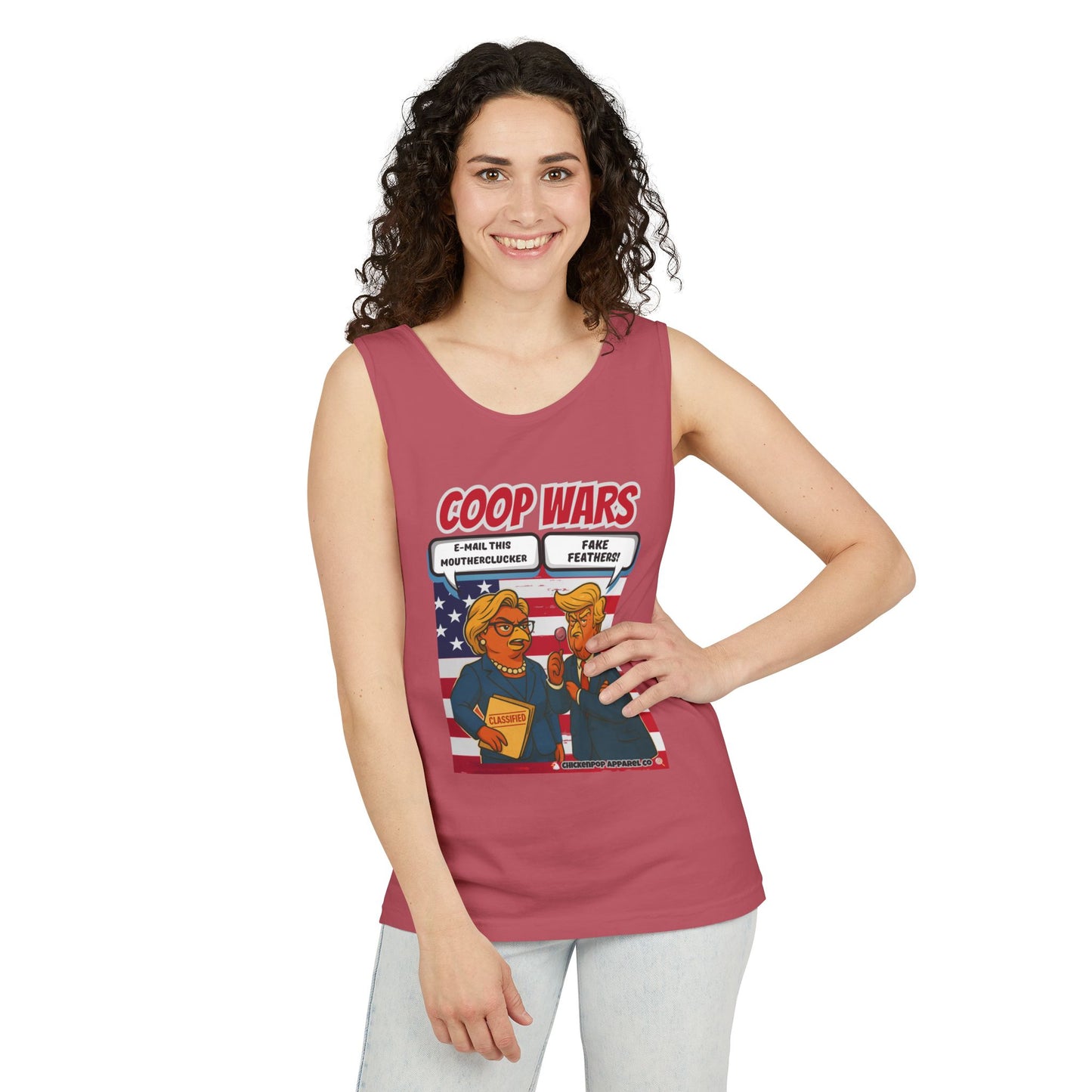 Coop Wars™ Unisex Tank Top – Hilaregg Cluckton vs. Cock-a-Doodle-Don | Political Satire Sleeveless Tee