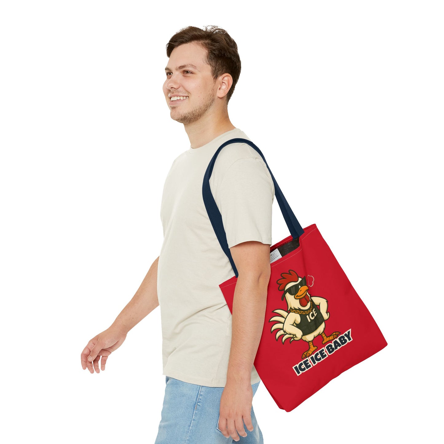 Ice Ice Baby Chicken Tote Bag – Funny Coop Daddy Design, Bold Red Reusable Shopping Bag