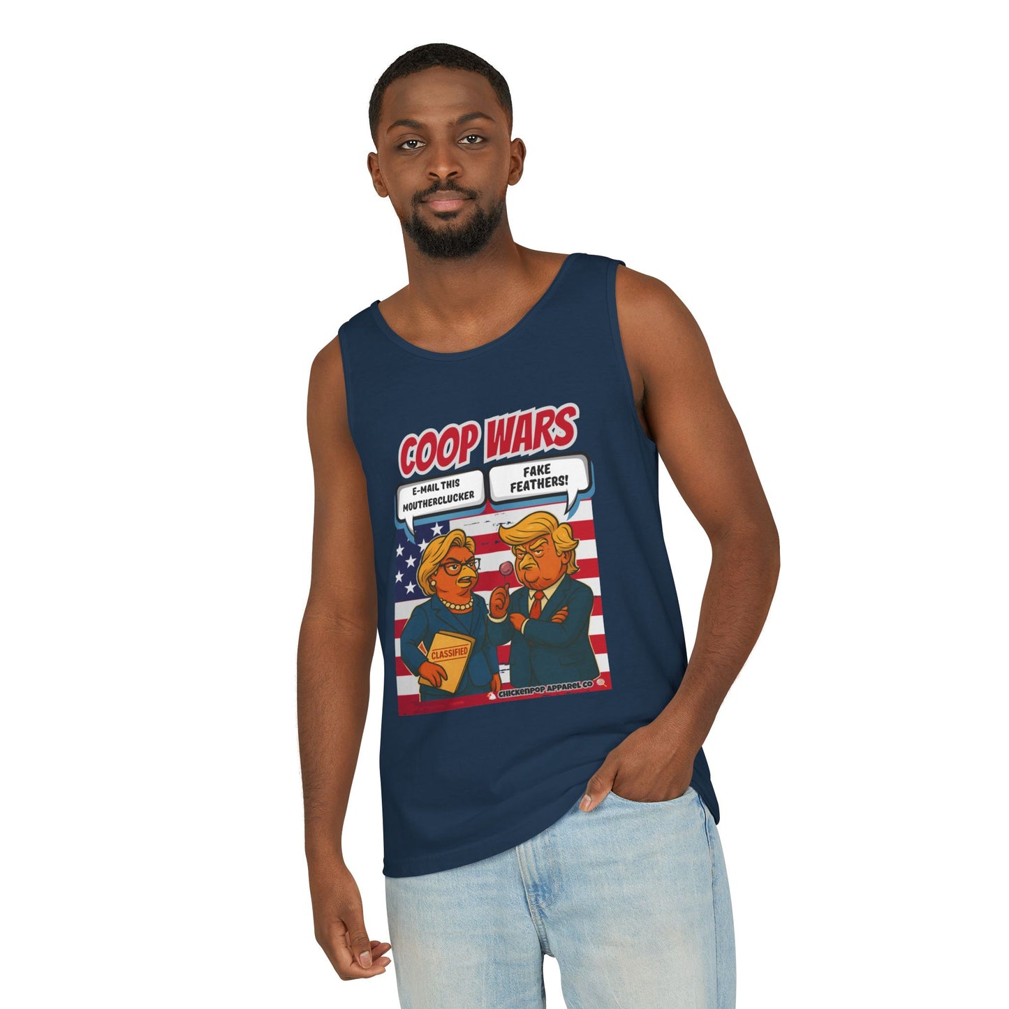 Coop Wars™ Unisex Tank Top – Hilaregg Cluckton vs. Cock-a-Doodle-Don | Political Satire Sleeveless Tee