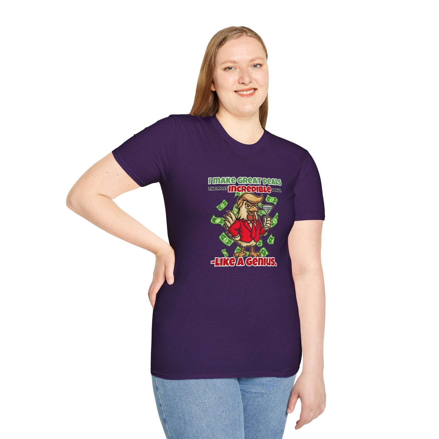 Cock-a-Doodle-Don “Like a Genius” Money Deal Rooster Tee – Funny Political Satire Shirt | ChickenPop Apparel Co.