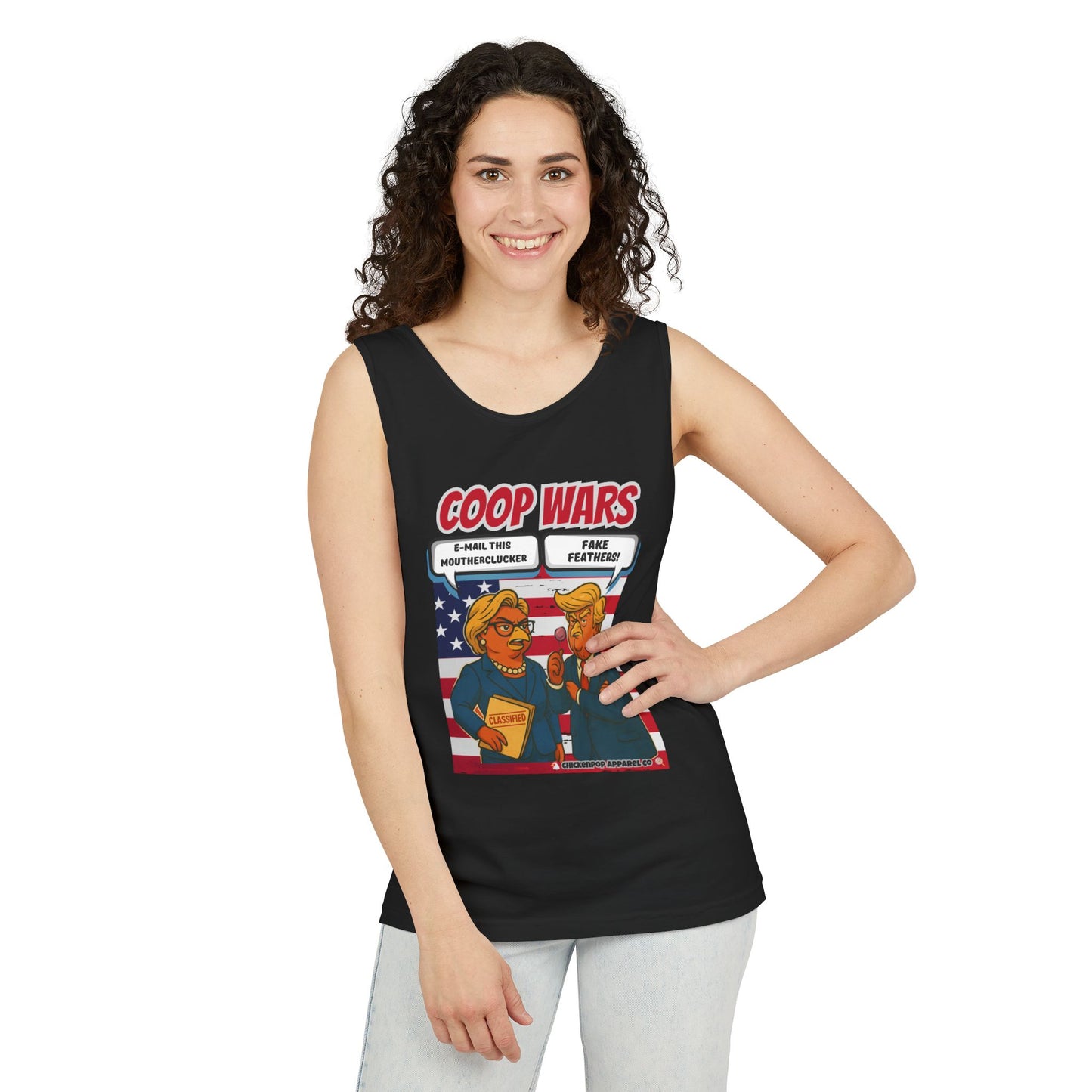 Coop Wars™ Unisex Tank Top – Hilaregg Cluckton vs. Cock-a-Doodle-Don | Political Satire Sleeveless Tee