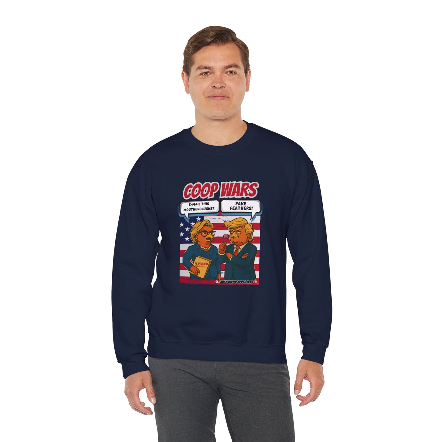Coop Wars Crewneck Sweatshirt – Funny Political Graphic Pullover | Unisex Heavy Blend with ChickenPop Logo | Ethically Made & Cozy Cold-Weather Humor