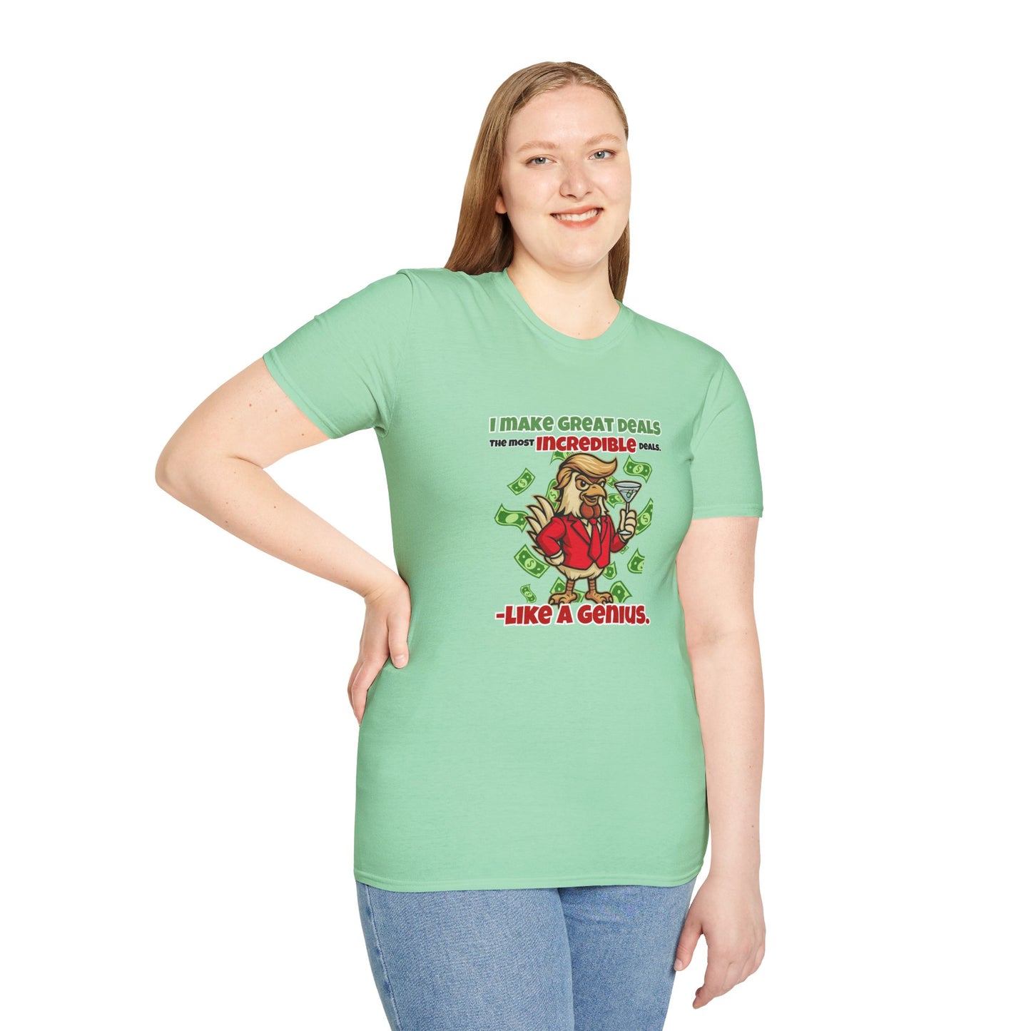Cock-a-Doodle-Don “Like a Genius” Money Deal Rooster Tee – Funny Political Satire Shirt | ChickenPop Apparel Co.