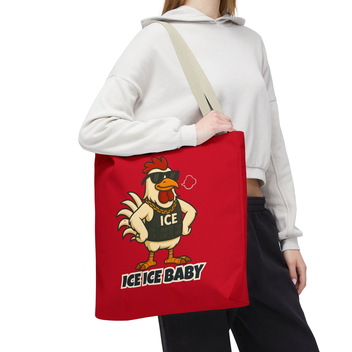 Ice Ice Baby Chicken Tote Bag – Funny Coop Daddy Design, Bold Red Reusable Shopping Bag