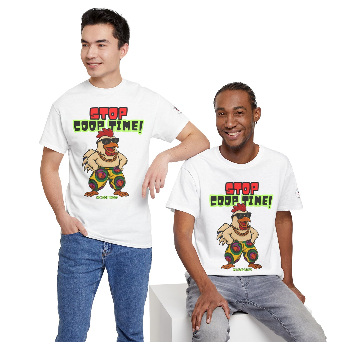 Stop COOP TIME! Funny Chicken T-Shirt – MC Coop Daddy 90s Hip Hop Parody Tee | Unisex Heavy Cotton | ChickenPop Apparel