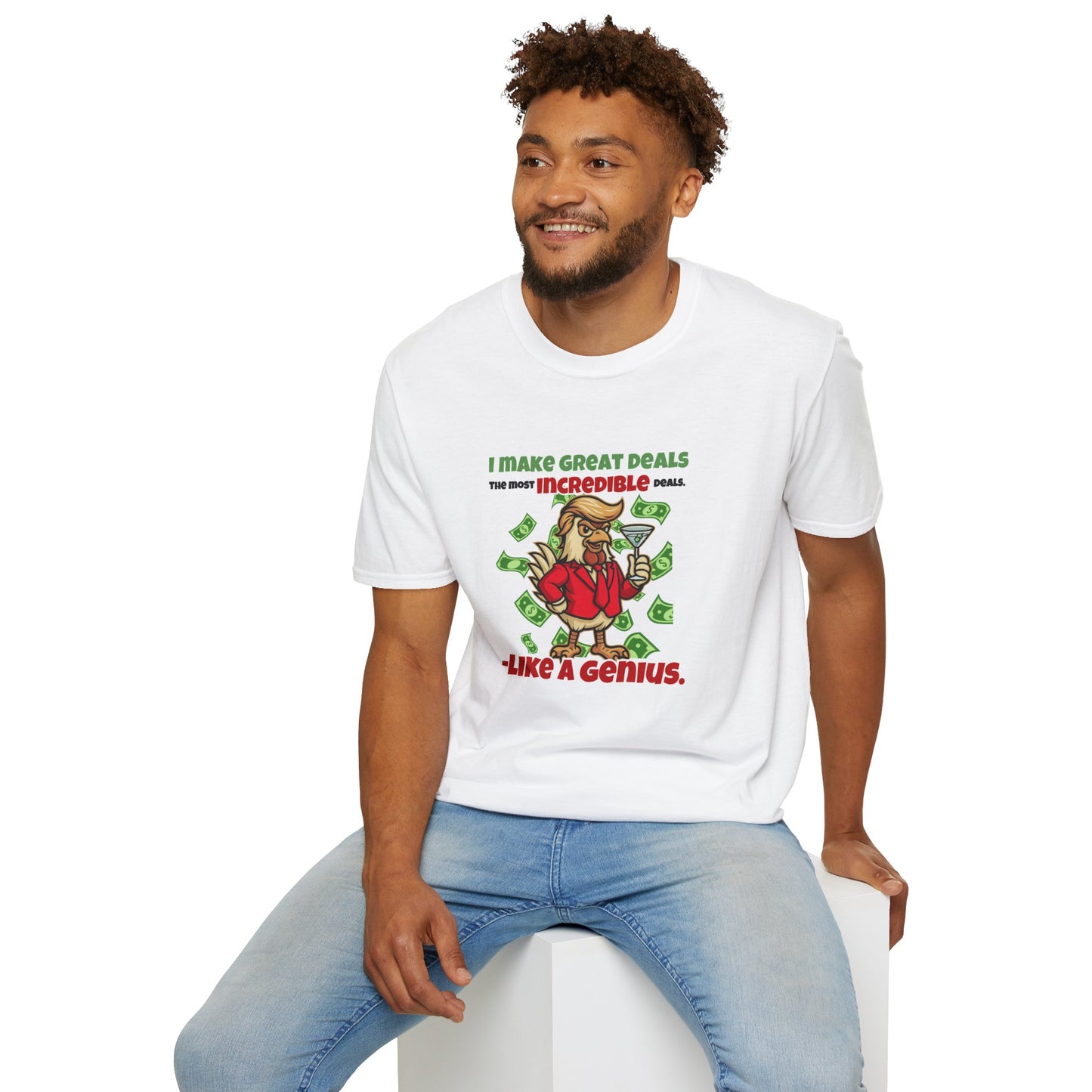 Cock-a-Doodle-Don “Like a Genius” Money Deal Rooster Tee – Funny Political Satire Shirt | ChickenPop Apparel Co.