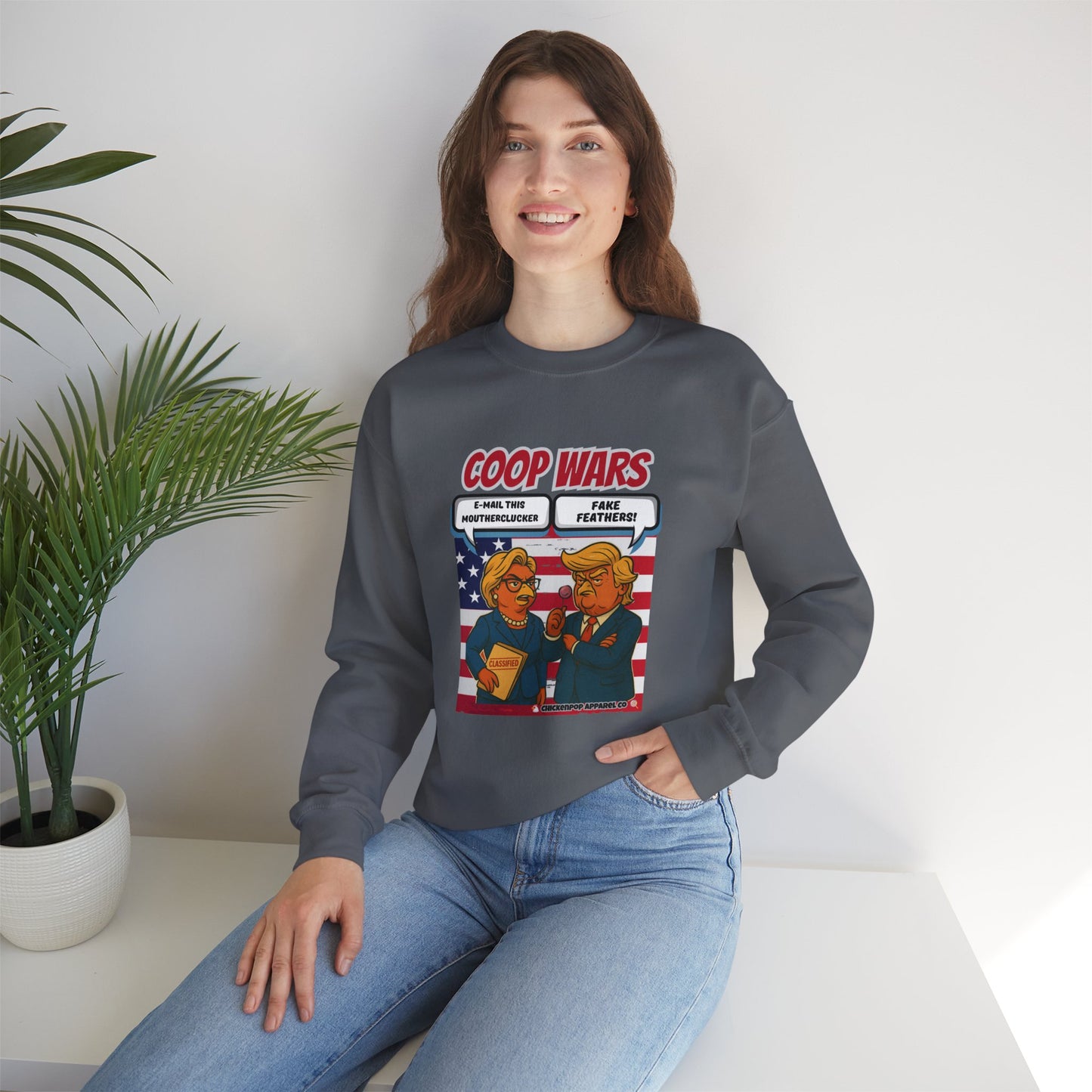Coop Wars Crewneck Sweatshirt – Funny Political Graphic Pullover | Unisex Heavy Blend with ChickenPop Logo | Ethically Made & Cozy Cold-Weather Humor